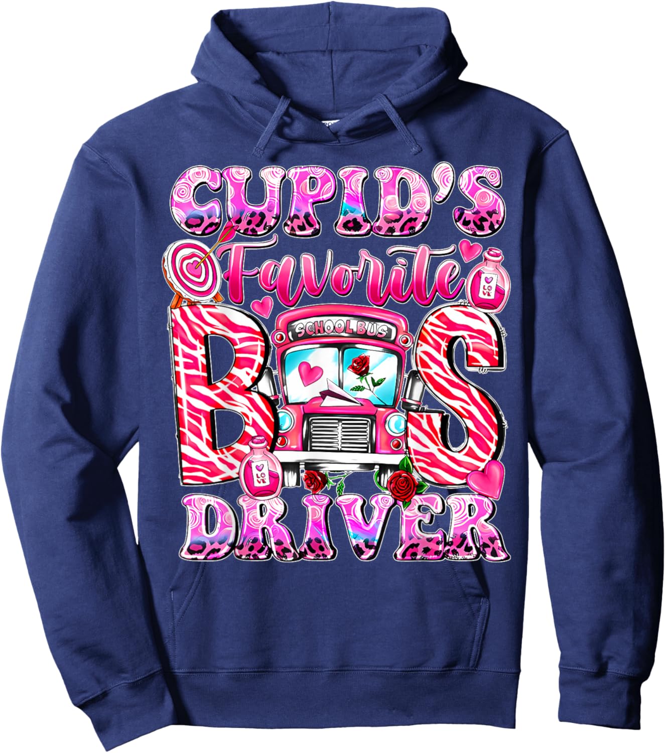 Groovy Cupid's Favorite School Bus Driver Valentine's Day Hoodie - Hoodie | Navy