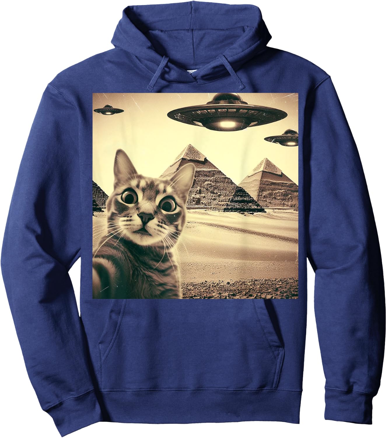 Cat Selfie With Alien UFO Funny Cat Gifts Women Kid Hoodie - Hoodie | Navy