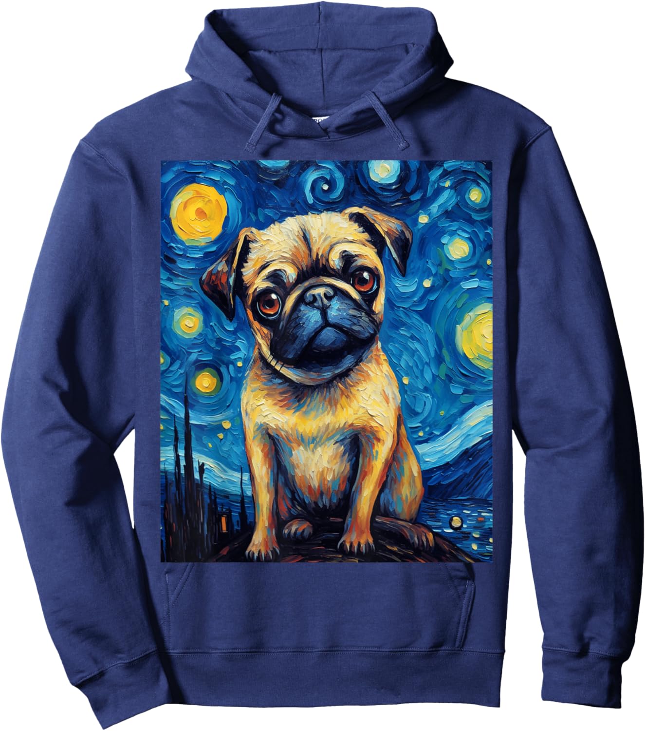 Starry Night Pug Dog Van Gogh Sky Painting Art Pug Lovers Hoodie - Hoodie | Navy