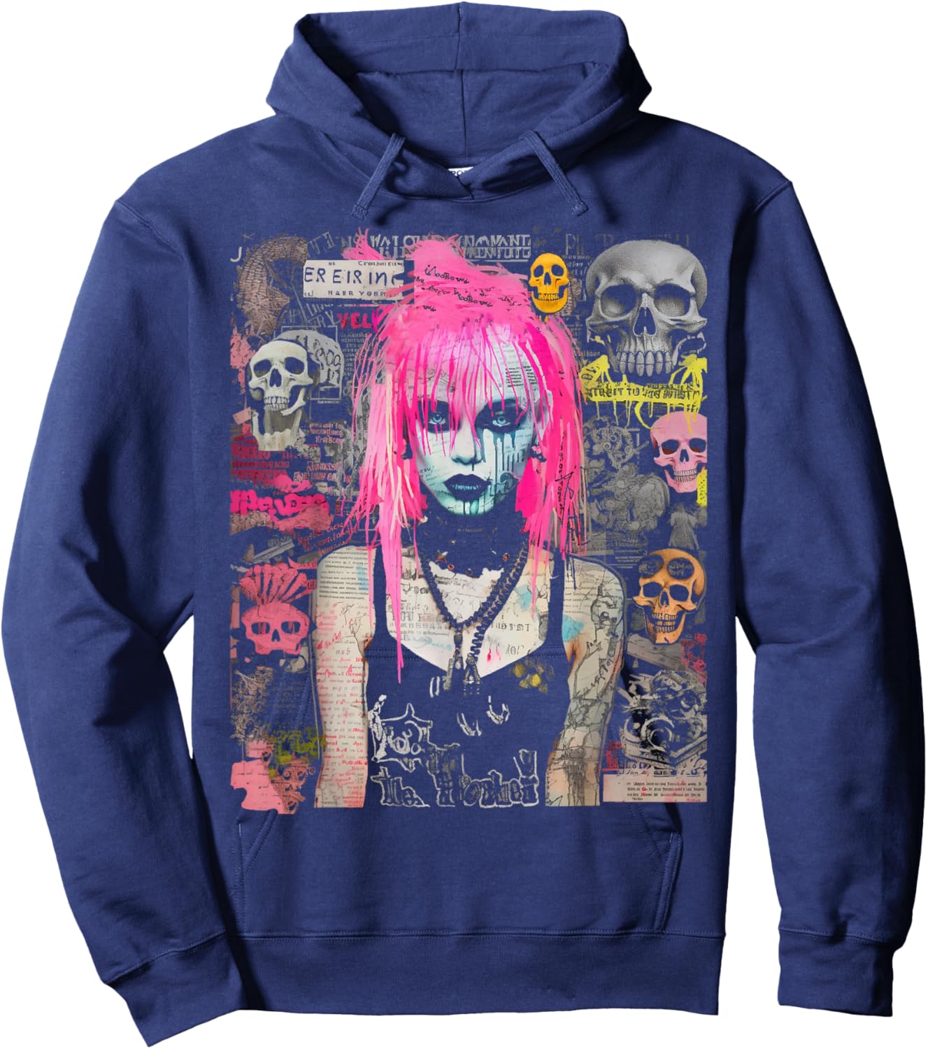 Pink Hair Punk Goth Witch With Skull Collage Background Hoodie - Hoodie | Navy