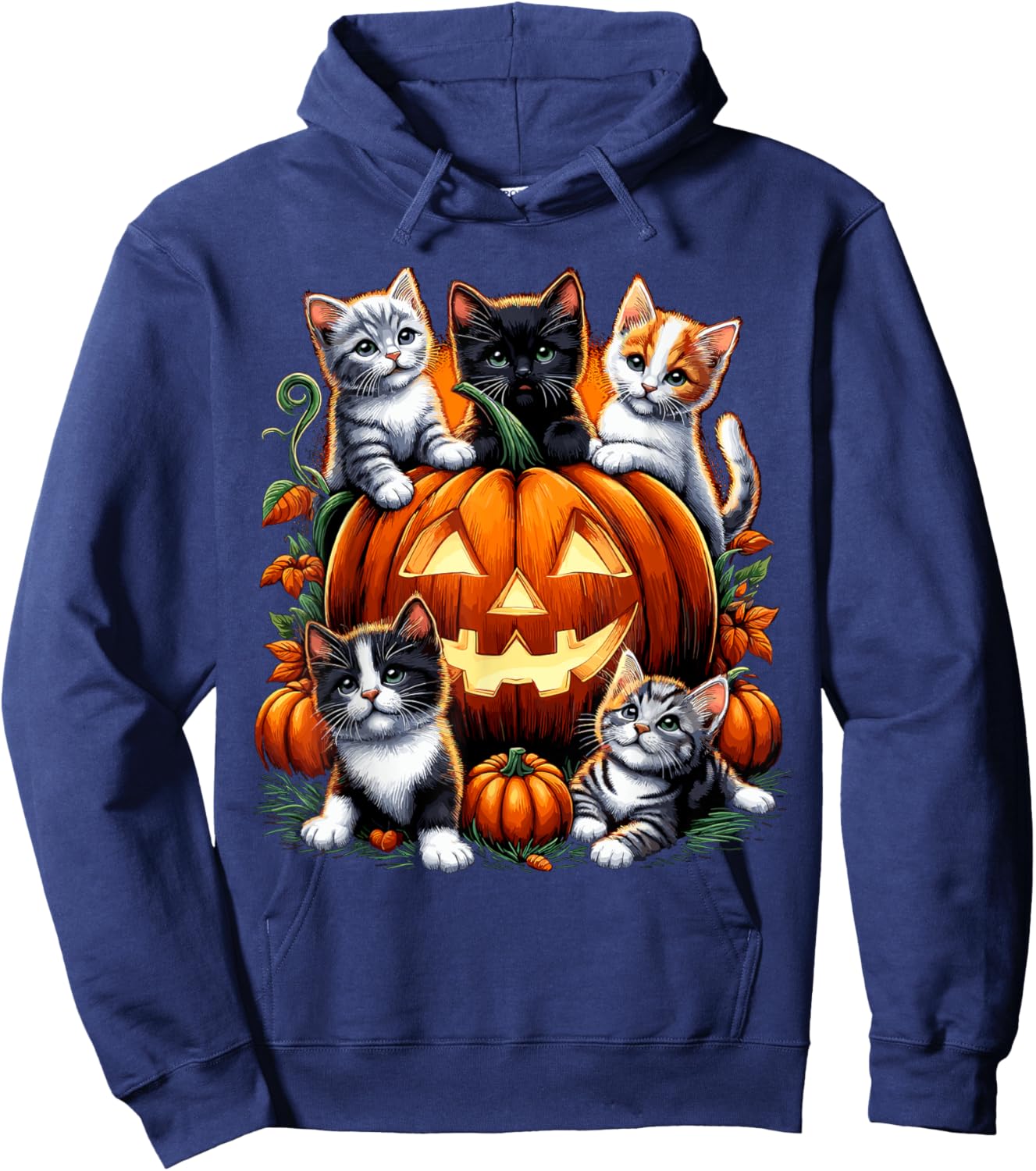 Cat Pumpkin Halloween Retro Floral Spooky Men Women Kids Hoodie - Hoodie | Navy