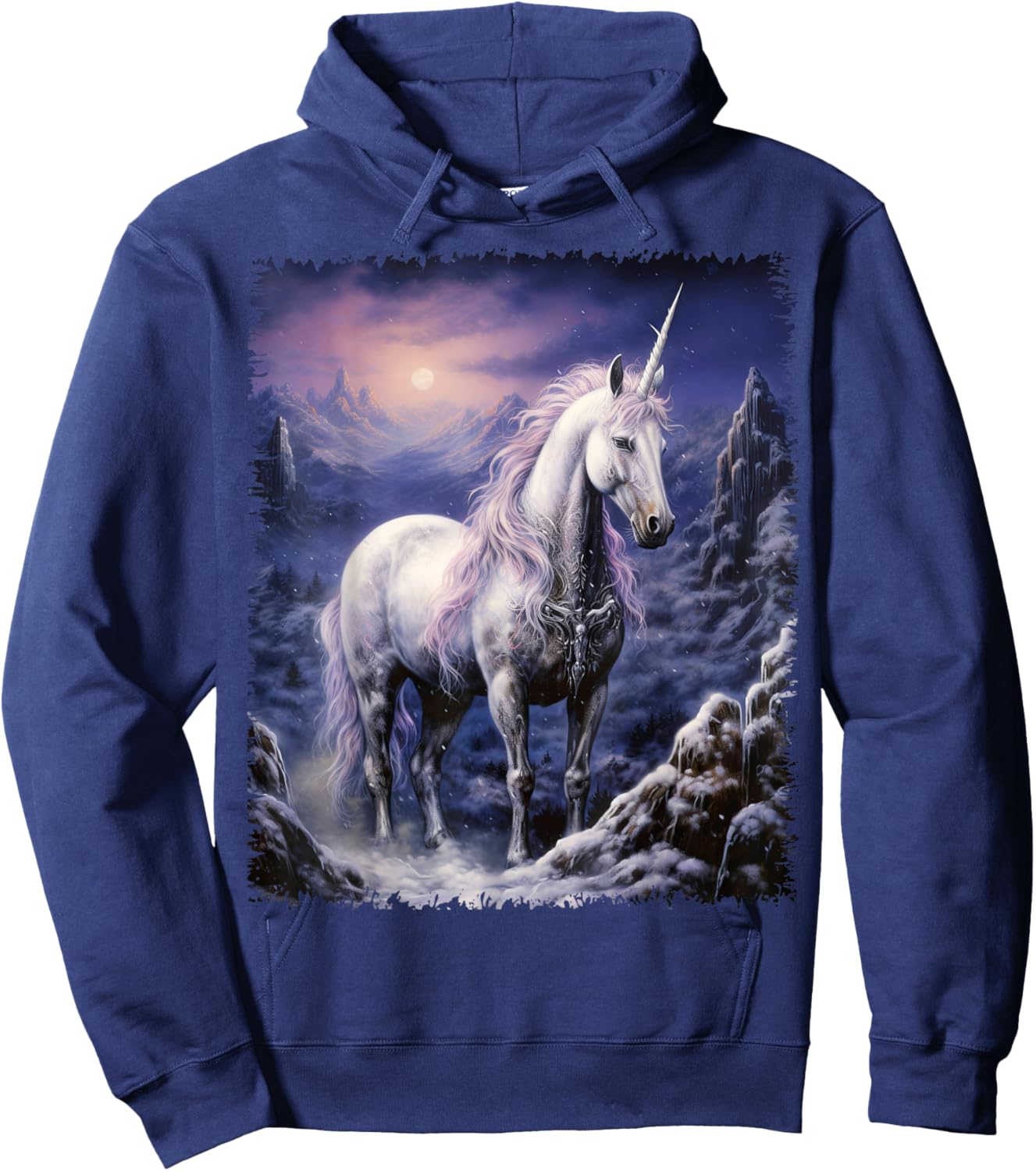 Fantasy white Unicorn standing in the snowy forest Hoodie - Hoodie | Navy