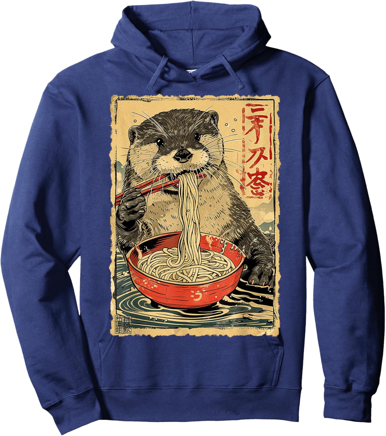 Funny Vintage Japanese Art Otter Eating Ramen Noodles Kids Hoodie - Hoodie | Navy