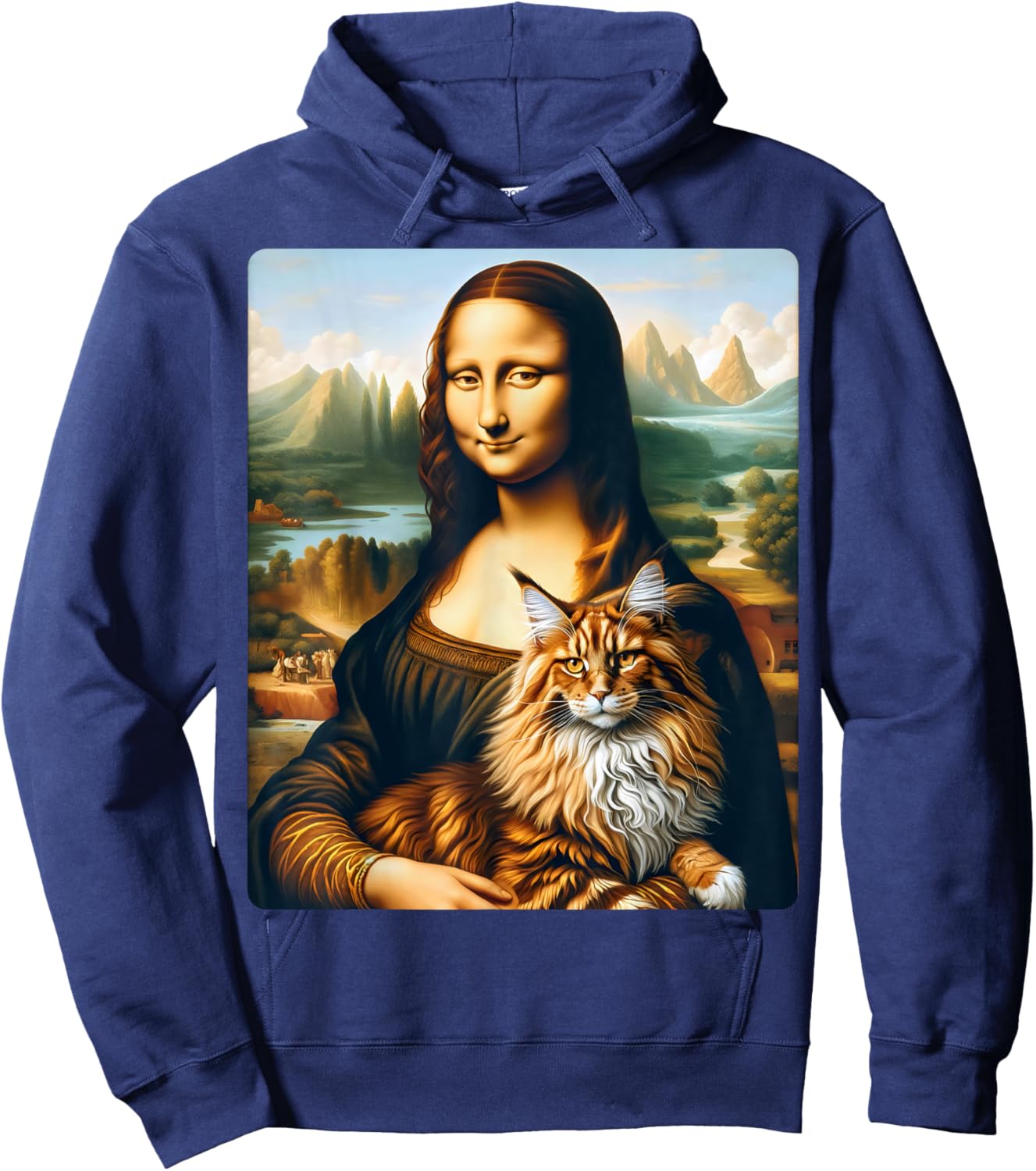Mona Lisa's Feline Companion: Maine Coon Cat Artwork Women Kids Hoodie - Hoodie | Navy