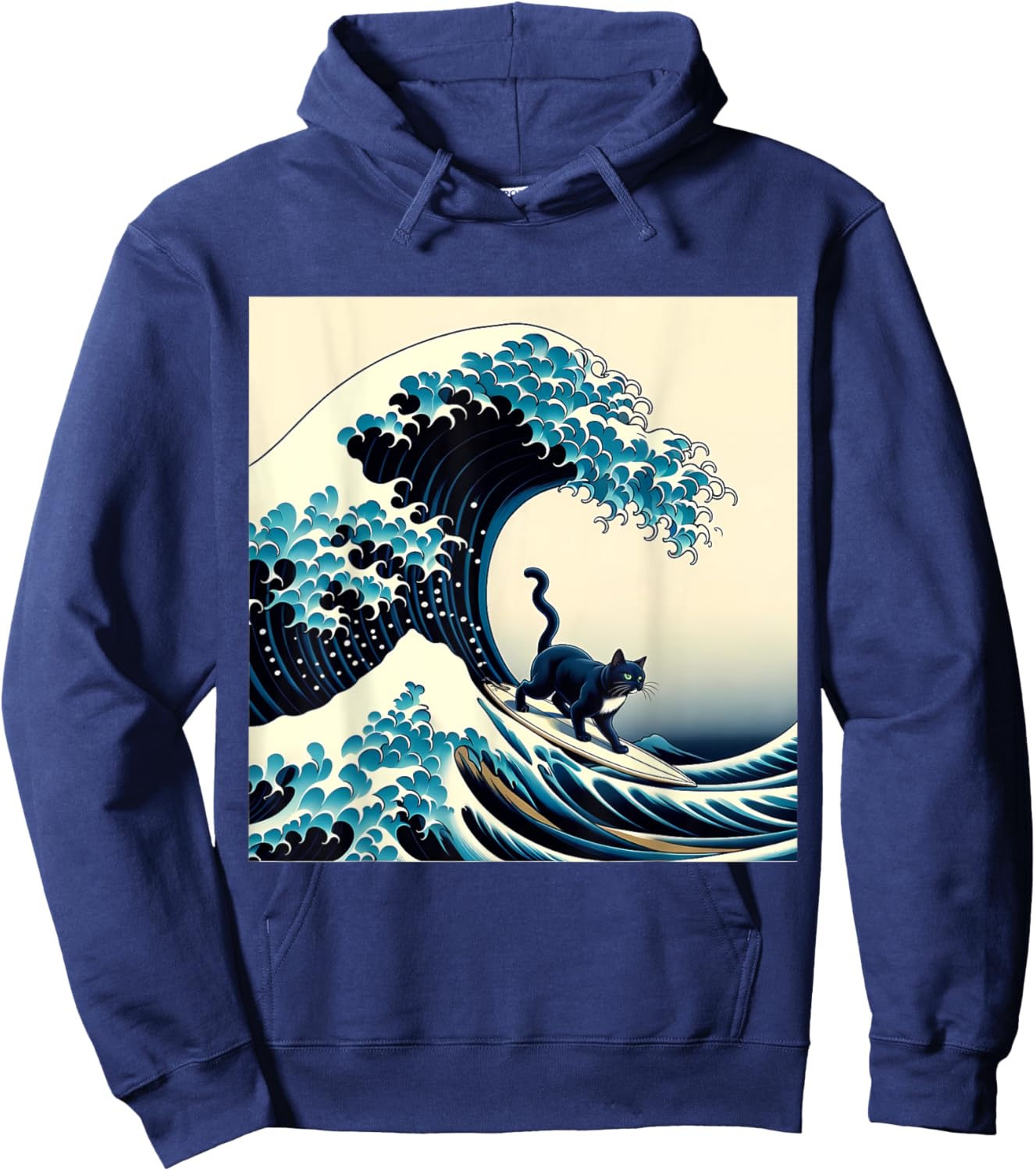 Black Cat With Surf Surfing The Great Wave Men Women Kids Hoodie - Hoodie | Navy