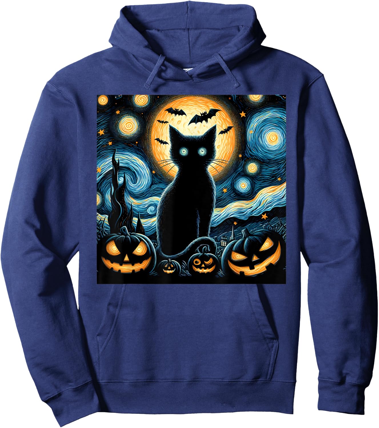 Halloween Starry Night Black Cat Van Gogh Halloween Cat Women Kids Hoodie - Hoodie | Navy