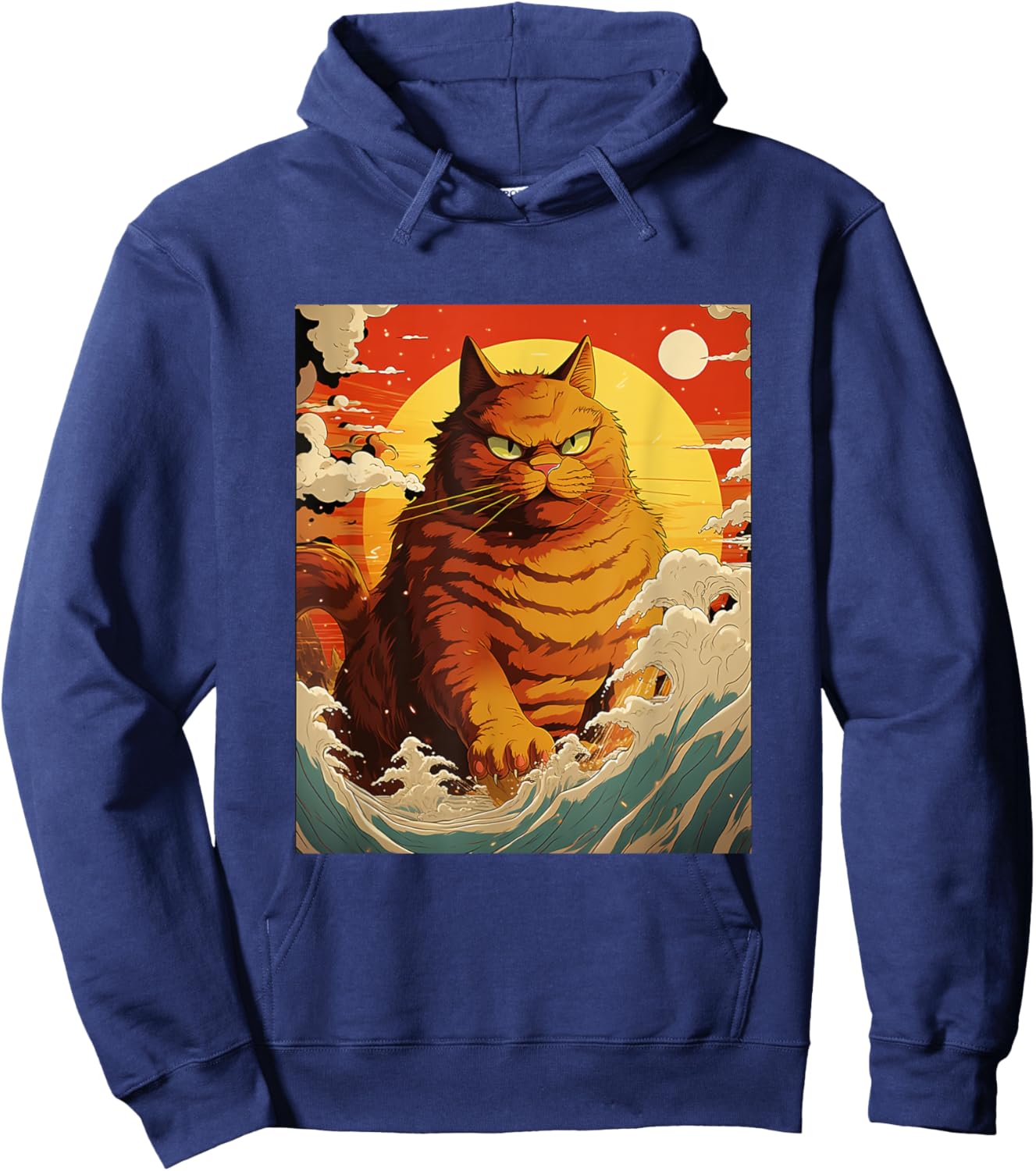 Catzilla Vintage Funny Cute Cat Art Japanese Sunset Waves Women Hoodie - Hoodie | Navy