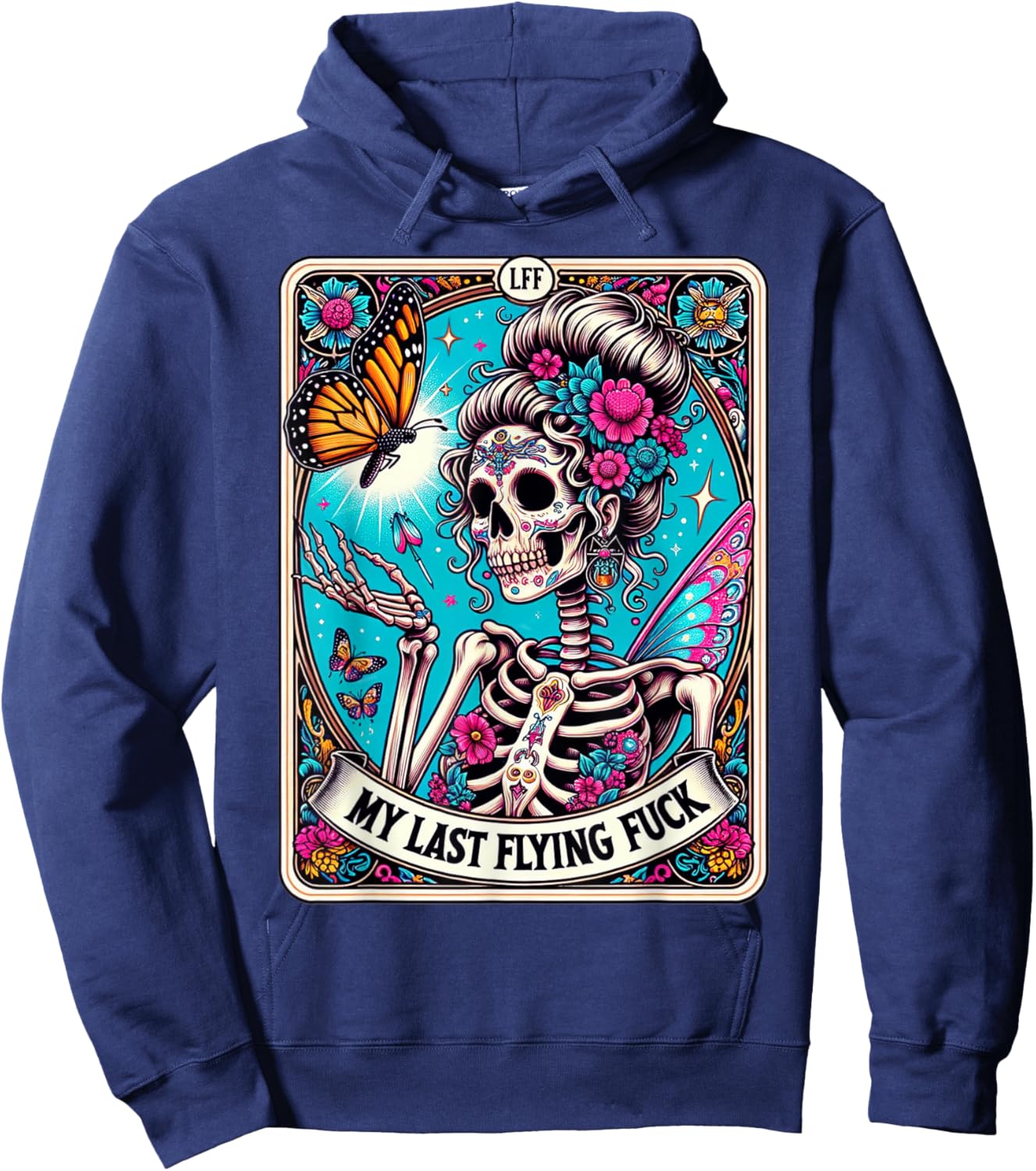 My Last Flying, Funny Sayings Skeleton Retro 70s Tarot Card Hoodie - Hoodie | Navy