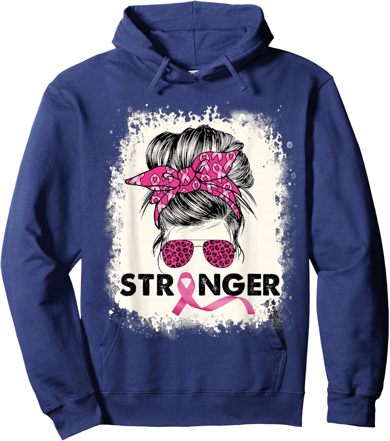 Stronger Messy Bun Breast Cancer Awareness Pink Warrior Hoodie - Hoodie | Navy
