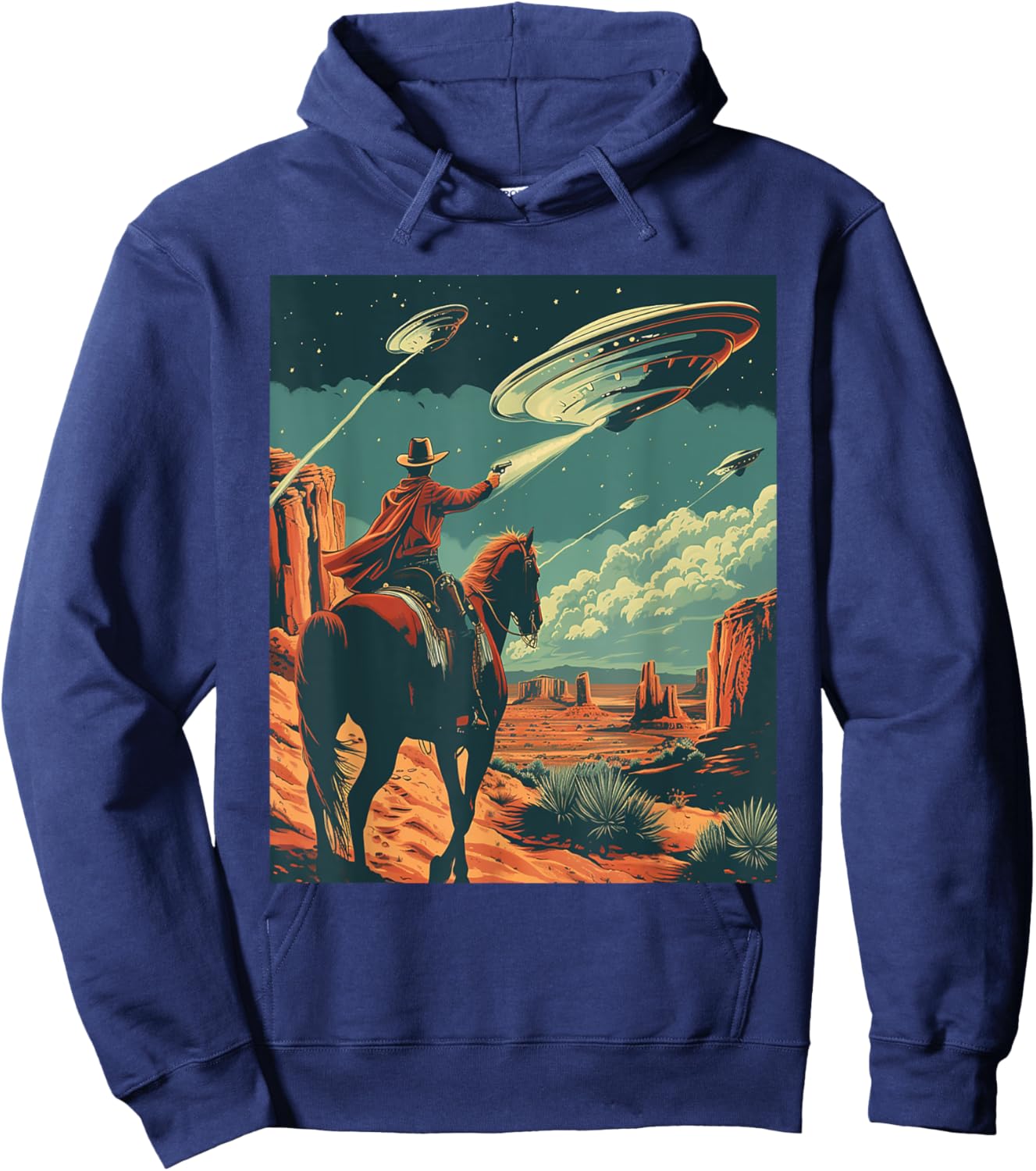 Retro Desert Cowboy Riding Horse Shooting At Space UFO Art Hoodie - Hoodie | Navy