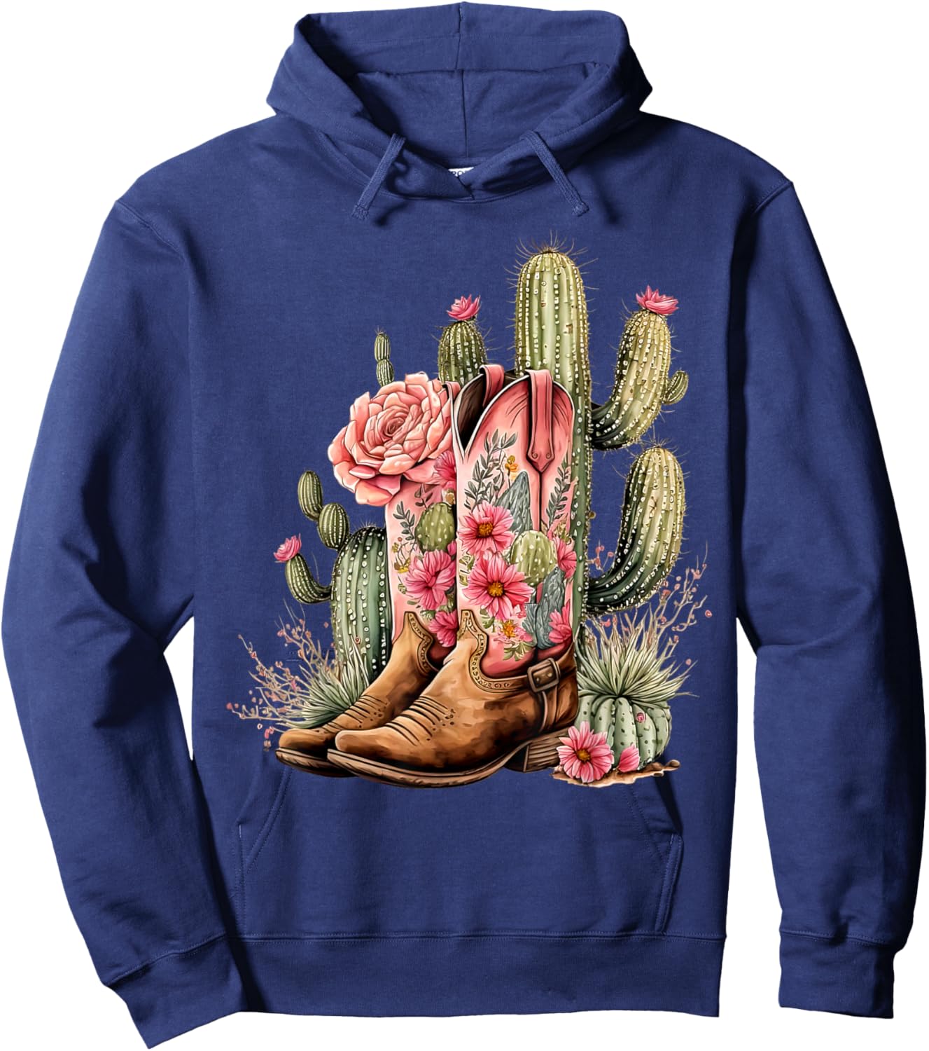 Retro Cowgirl Boots Floral Cactus Western Flower Teen Girls Hoodie - Hoodie | Navy