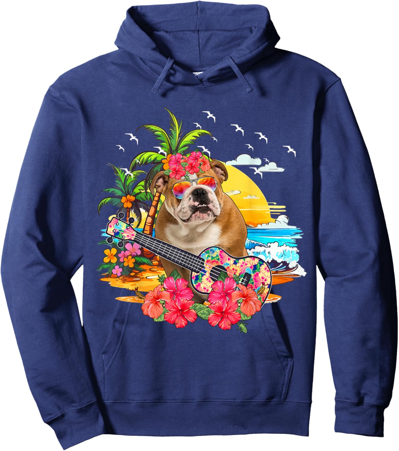 Hawaiian Floral Bulldog Sunglasses Playing Guitar On Beach Hoodie - Hoodie | Navy