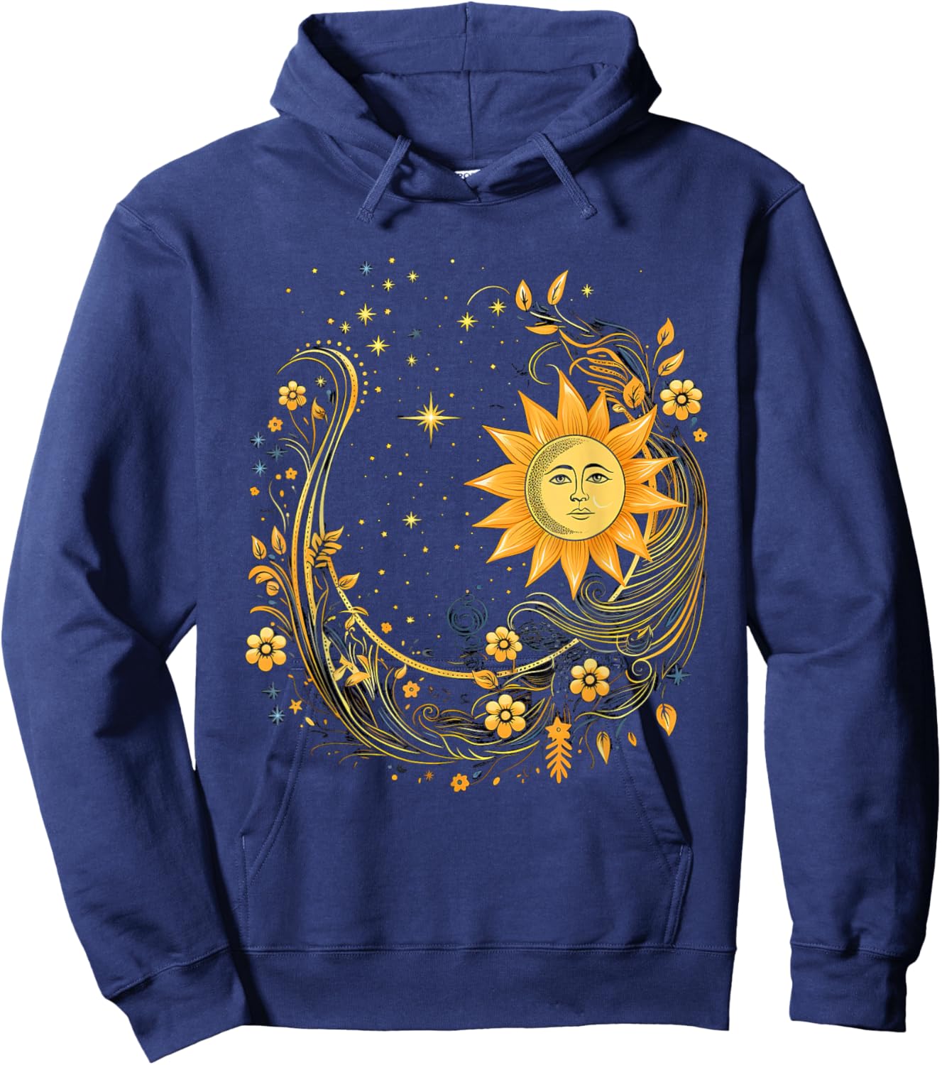 Mystical Sun and Moon with Woman Mystical Flowers Aesthetic Hoodie - Hoodie | Navy
