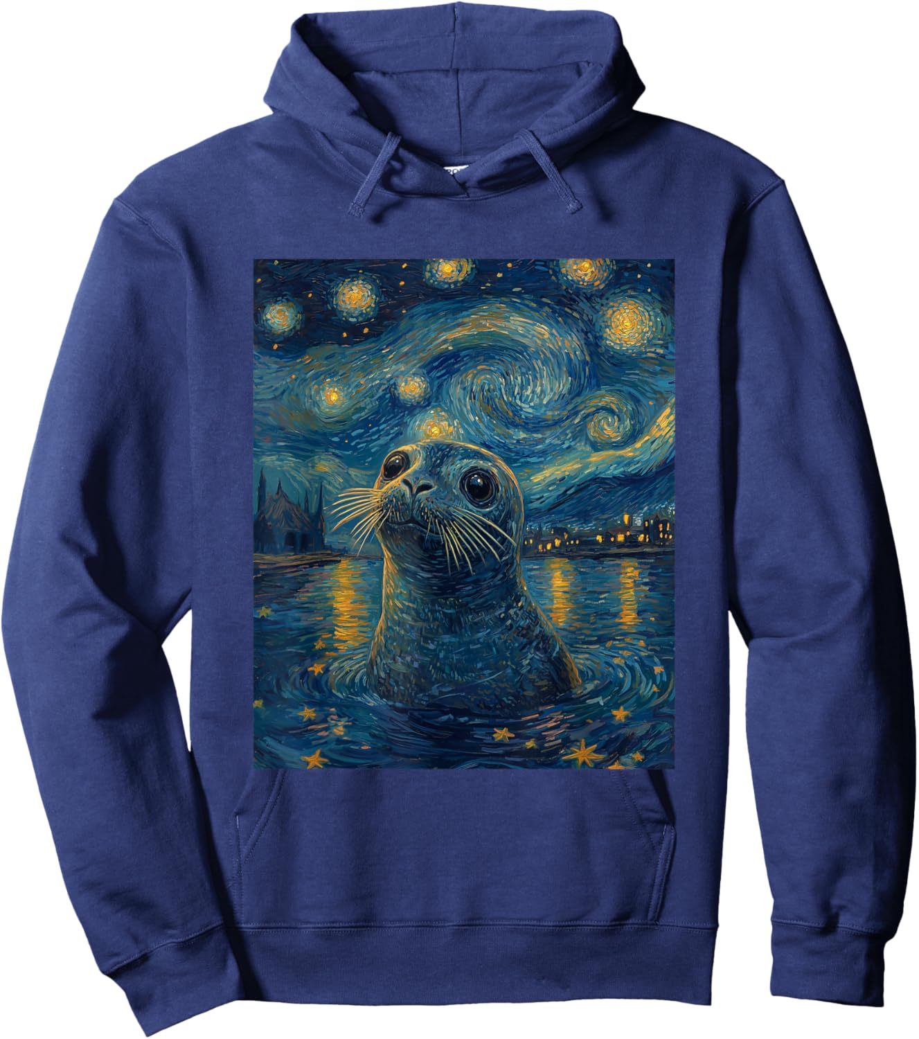 Cute Seal Sea Lion - Van Gogh Style - Starry Night Graphic Hoodie - Hoodie | Navy