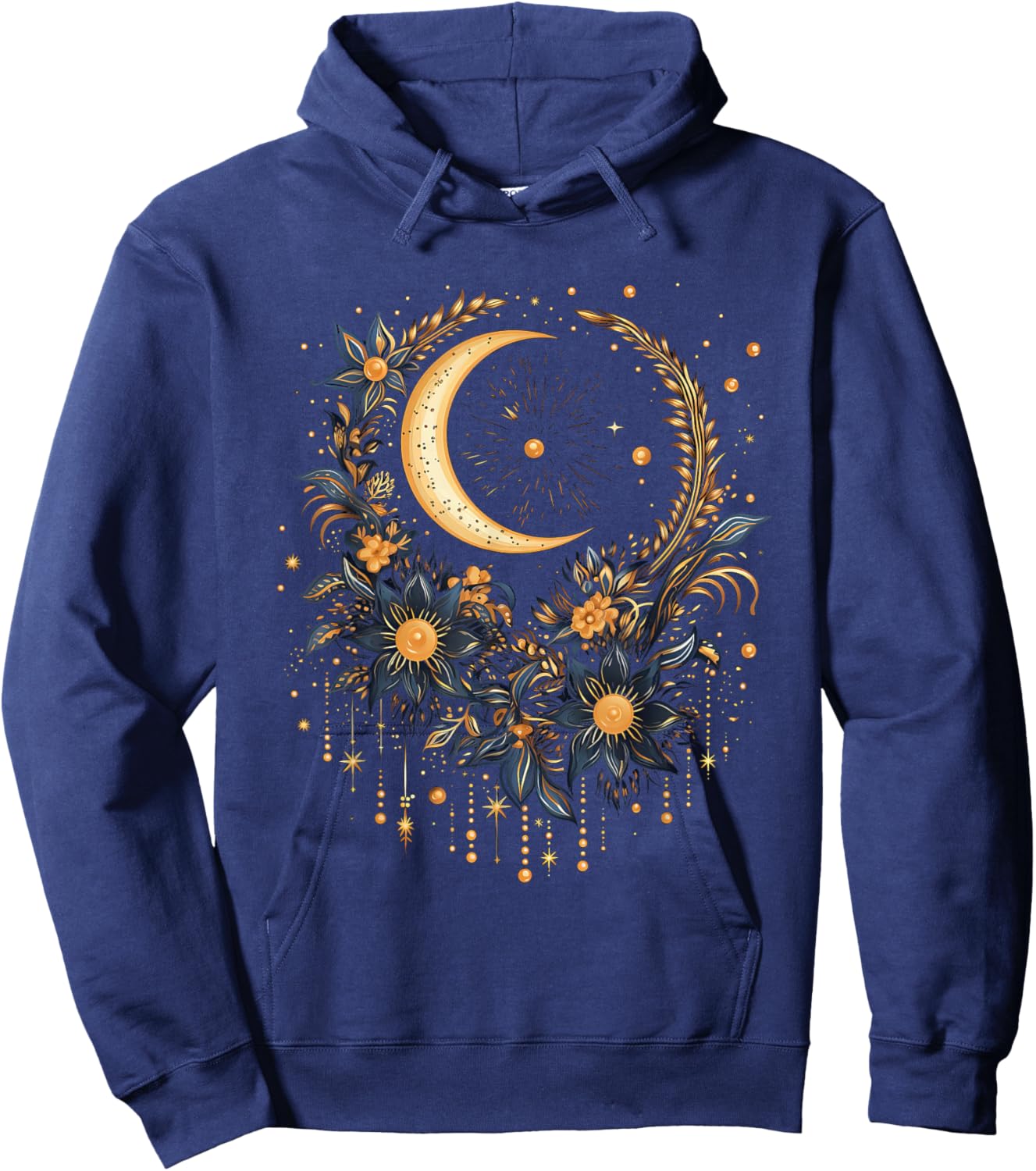 Mystical Sun and Moon with Woman Mystical Flowers Aesthetic Hoodie - Hoodie | Navy