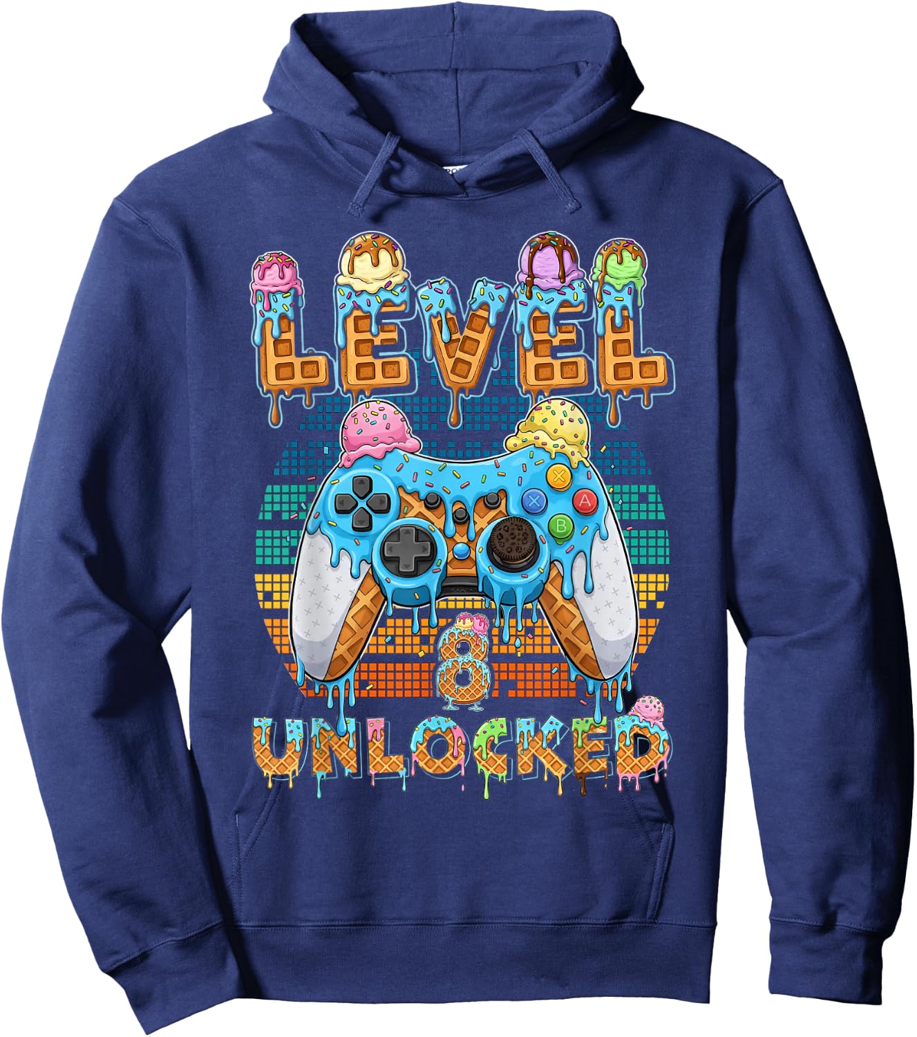 Level 8 Unlocked Gamer Birthday Ice Cream Retro Arcade Hoodie - Hoodie | Navy