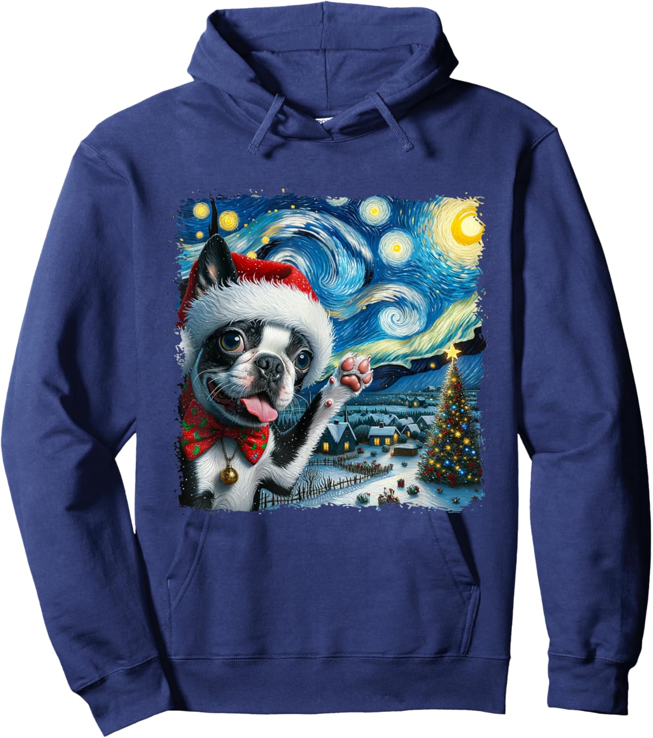 Boston Terrier Santa Starry Night Van Gogh Christmas Dog Men Women Kids Hoodie - Hoodie | Navy