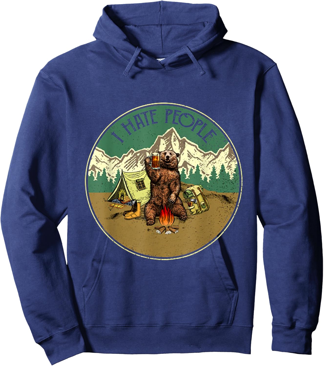 I Hate People Funny Bear Drinking Camper Hoodie - Hoodie | Navy