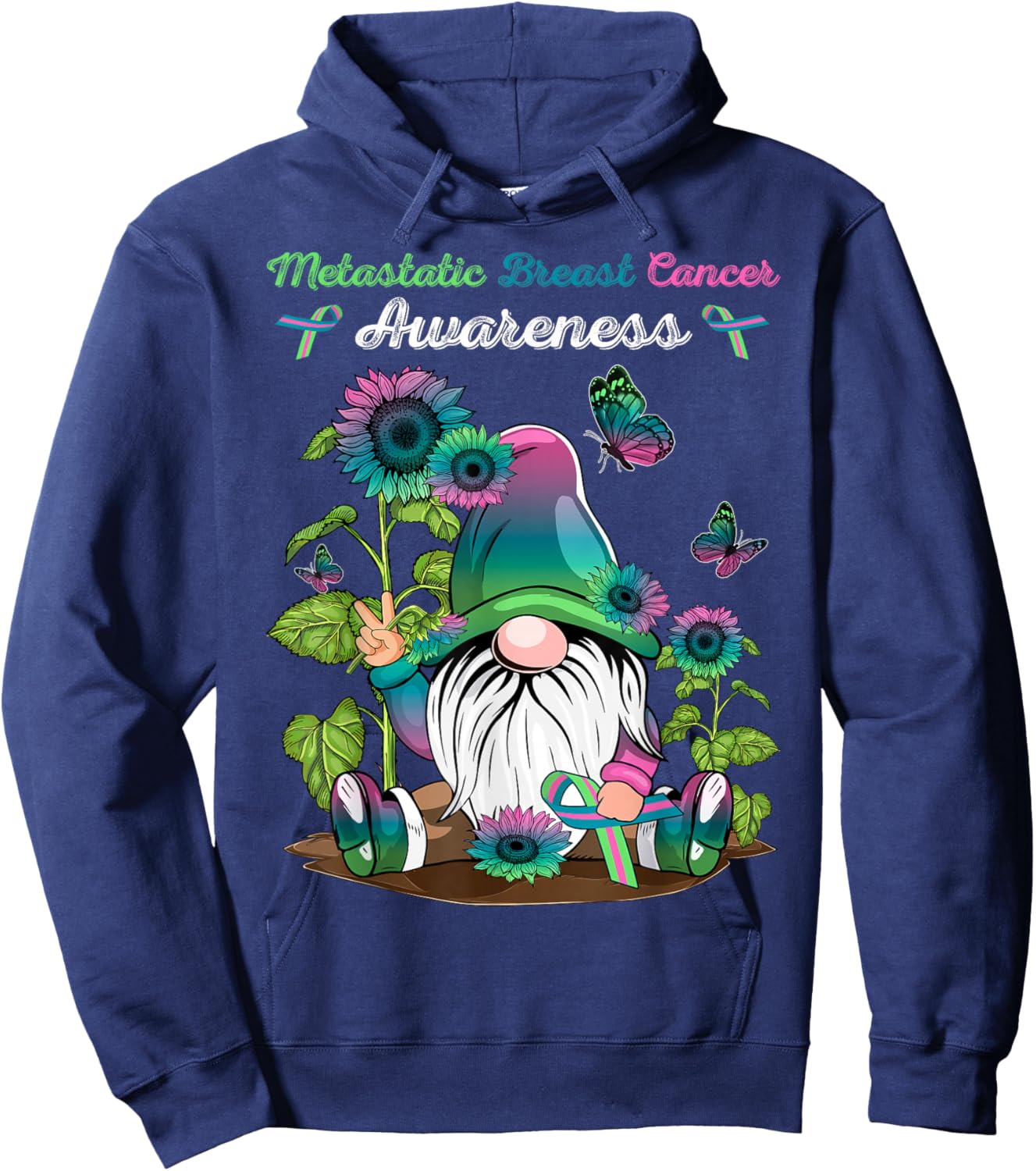 Metastatic Breast Cancer Gnome With Green Teal Pink Ribbon Hoodie - Hoodie | Navy