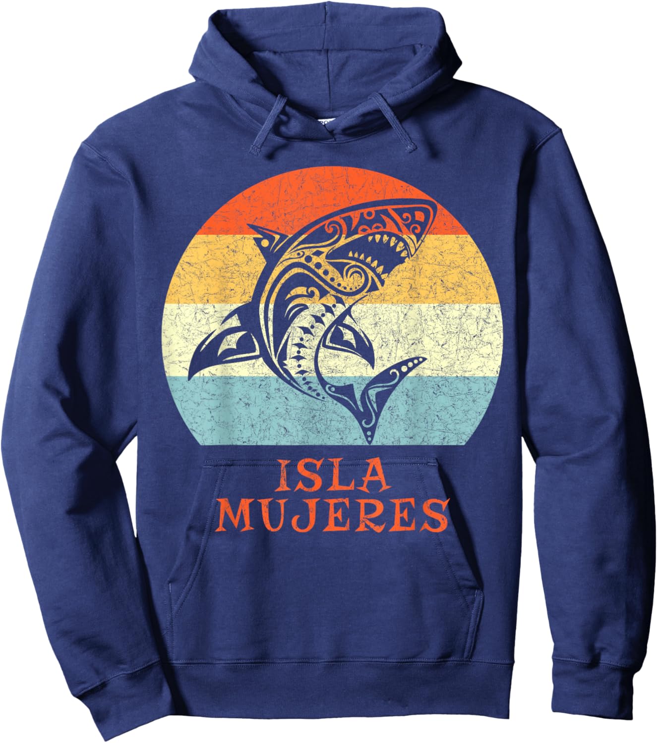 Isla Mujeres Caribbean Shark Vintage Retro Vacation Hoodie - Hoodie | Navy