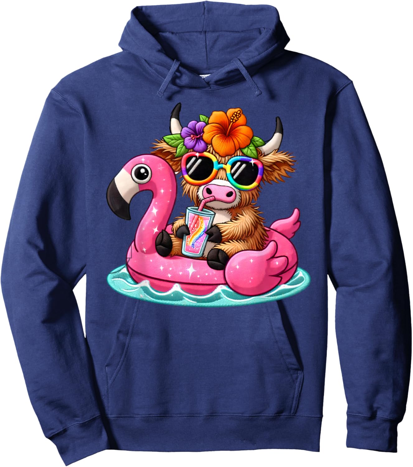 Highland Cow Flamingo Pool Float Summer Hawaii Beach Family Hoodie - Hoodie | Navy