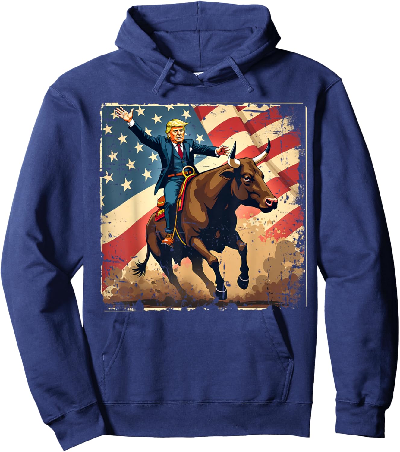 Trump Bull Rider American Flag USA Riding Rodeo Cowboy Hoodie - Hoodie | Navy