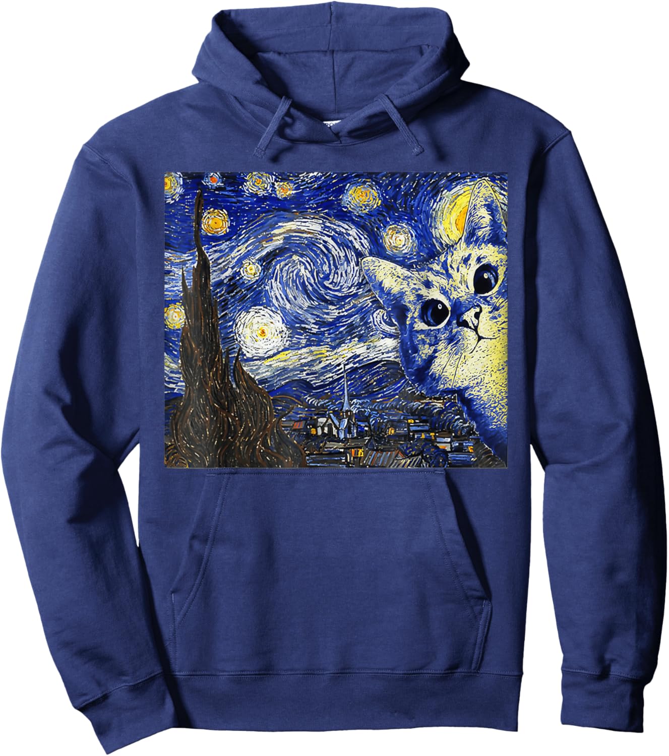 Cat , Starry Night Cat, Cat Shirt, Van Gogh Cat Hoodie - Hoodie | Navy