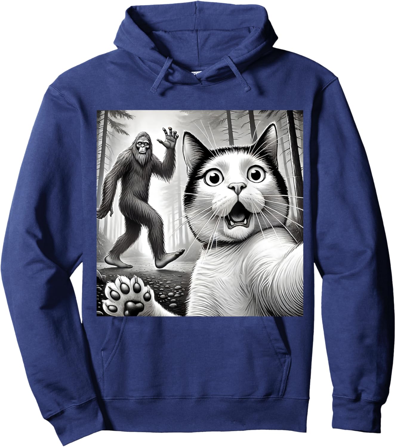 Funny Surprised Scared Cat Taking Selfie with Bigfoot Women Kids Hoodie - Hoodie | Navy