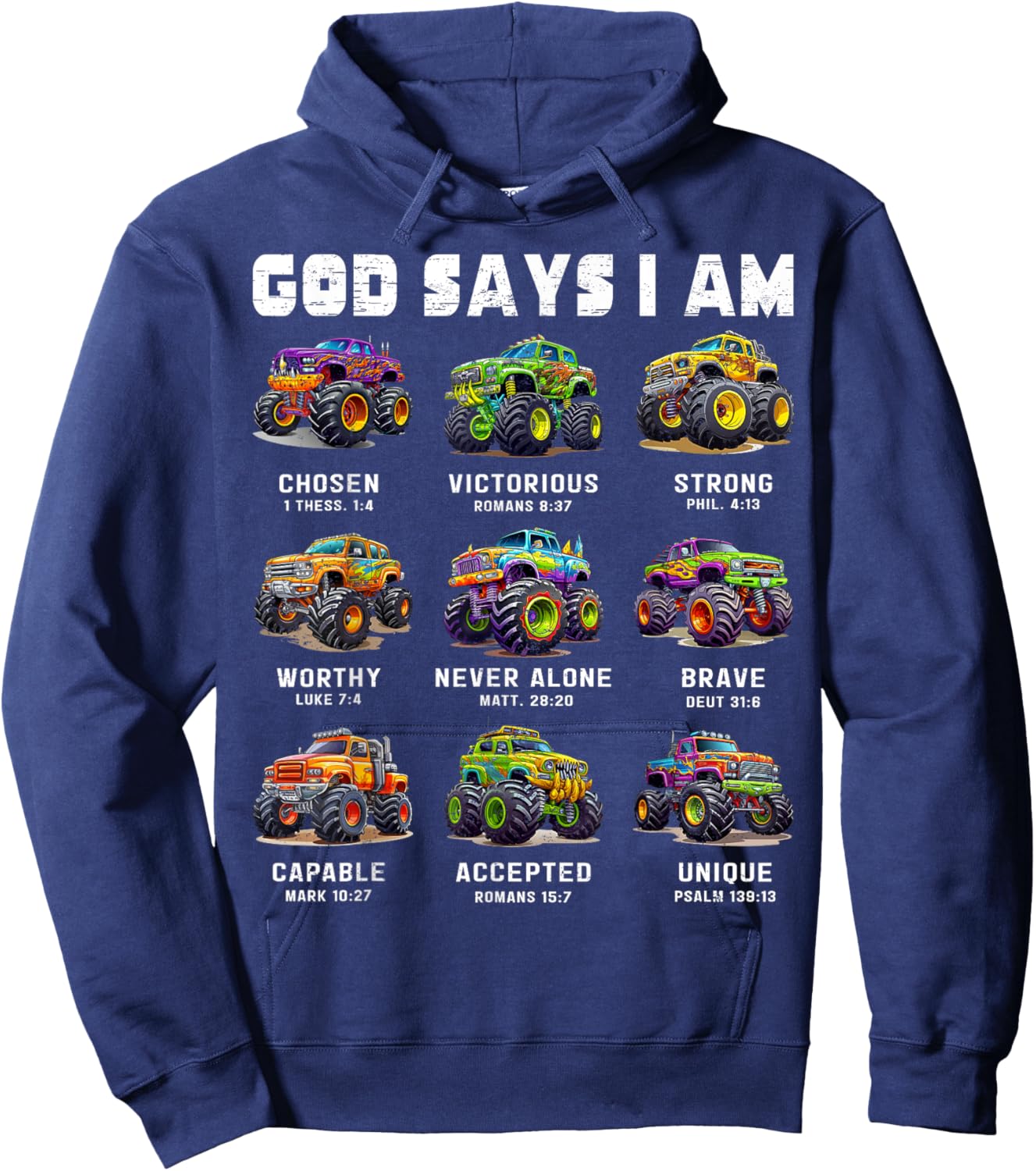 God Says I Am Monster Truck Toddler Kids Bible Verse Hoodie - Hoodie | Navy