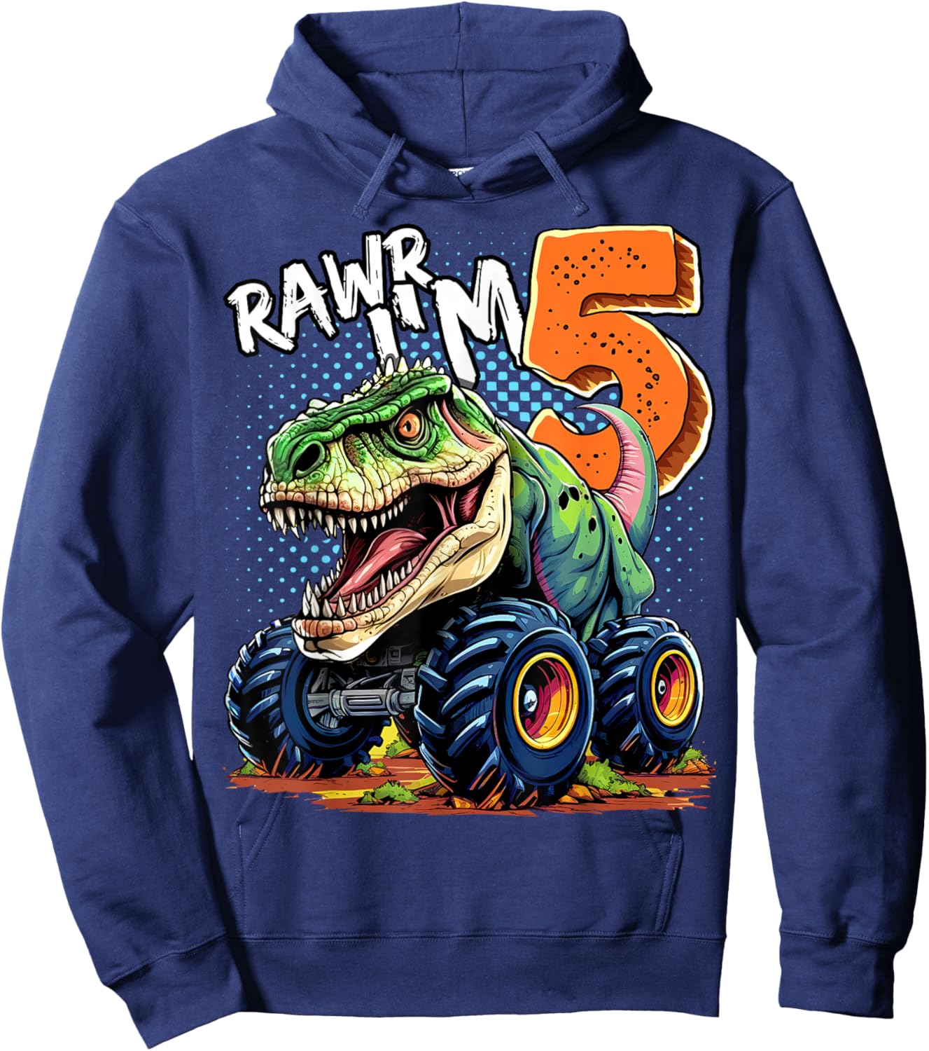 Monster Truck Dinosaur T-Rex 5th Birthday Boy 5 Year Old Hoodie - Hoodie | Navy