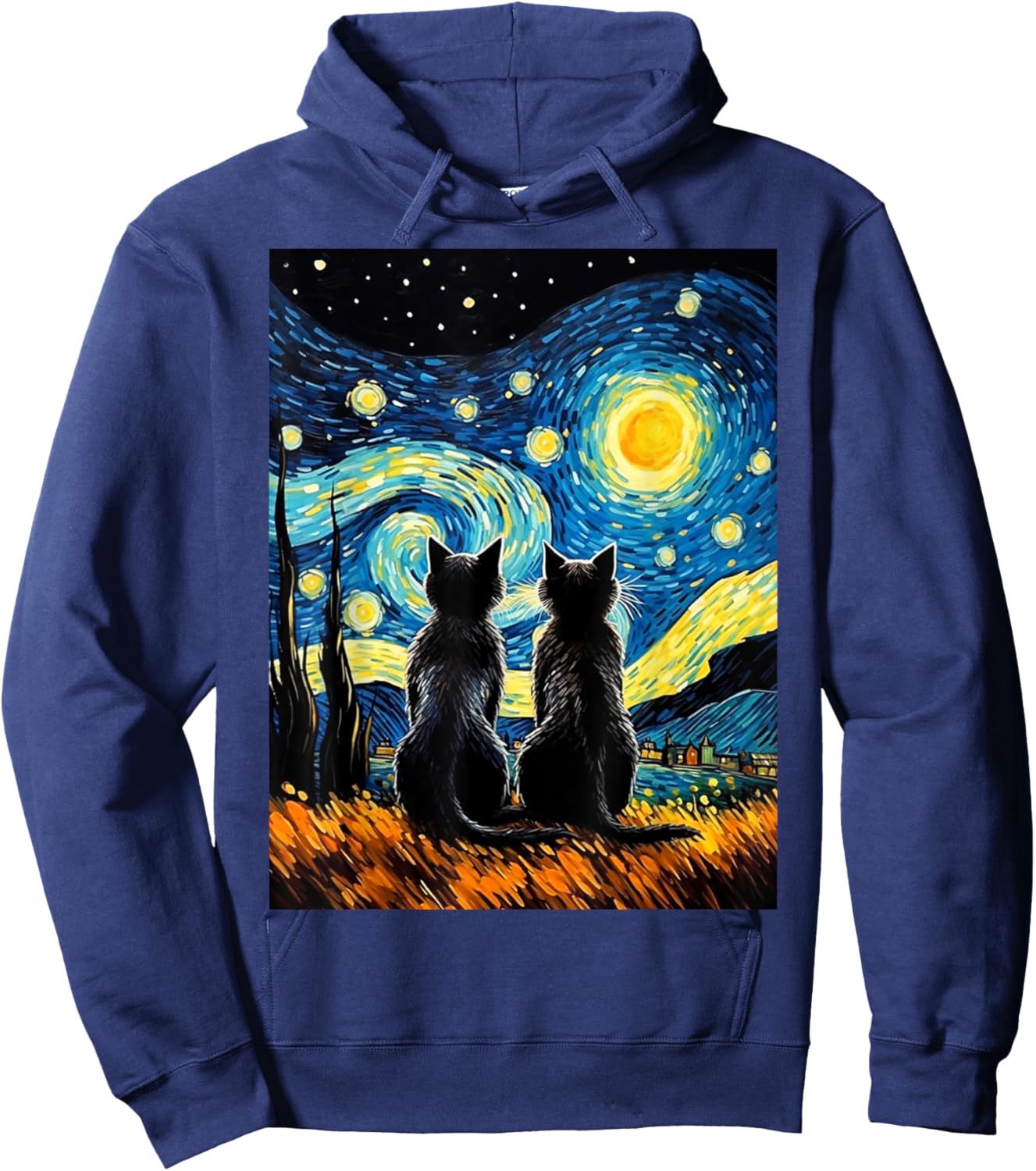 Black Cats Lover Starry Night Vincent van Gogh Hoodie - Hoodie | Navy