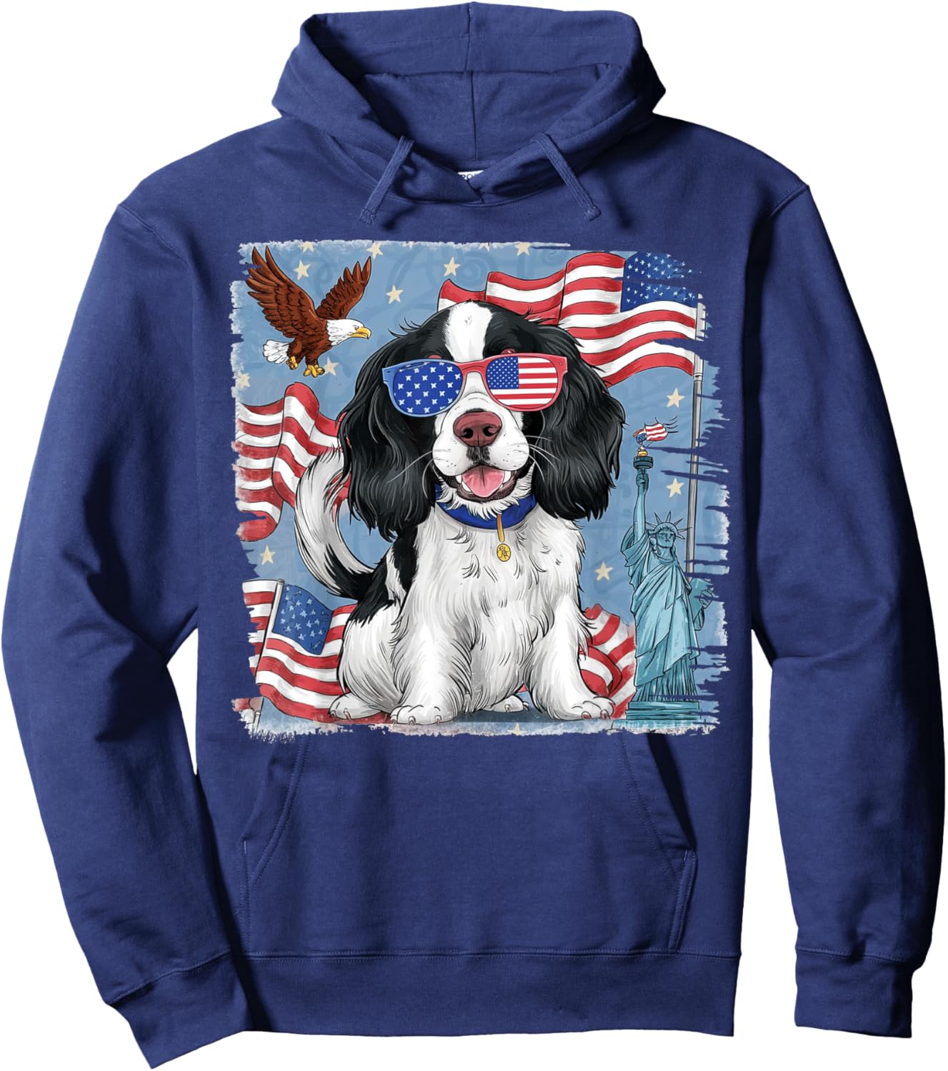 English Springer Spaniel Dog with American Flag 4th of July Women Kids Men Hoodie - Hoodie | Navy