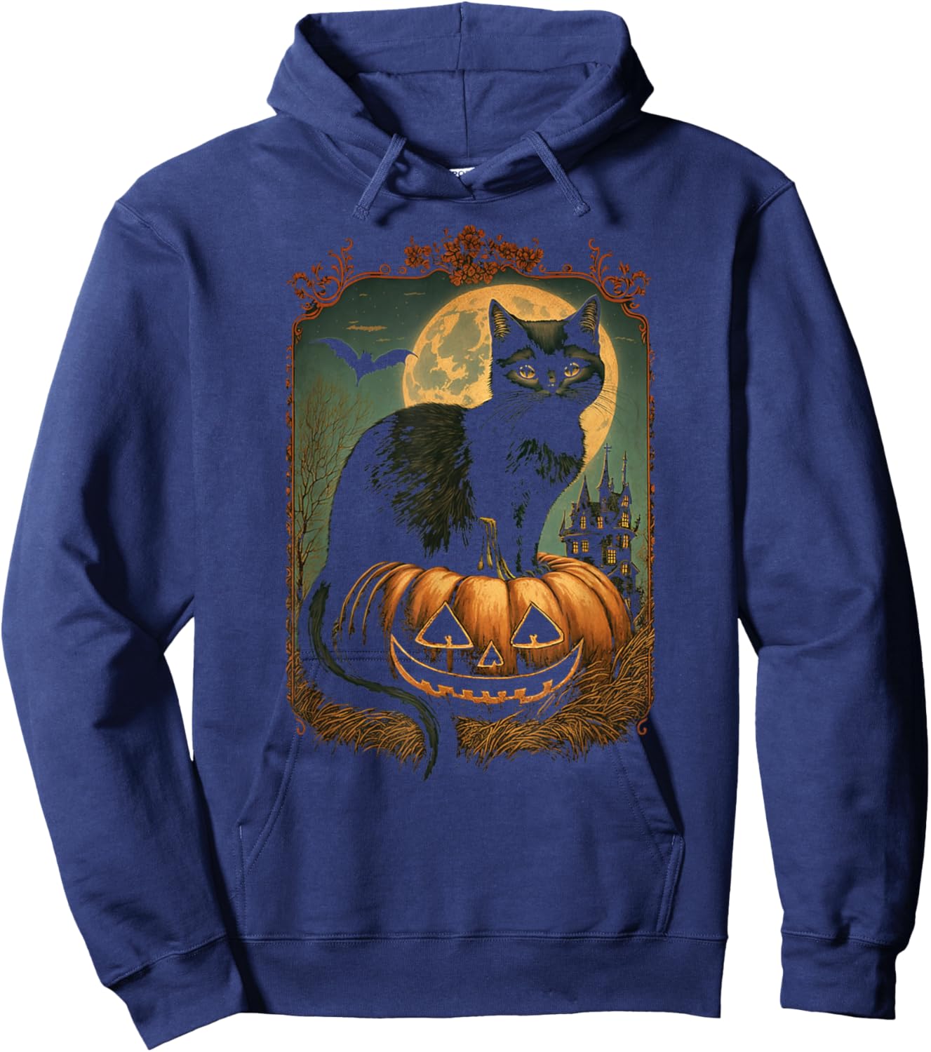 Black Cat Sitting On Jack-o-lantern On Halloween Night Women Kids Hoodie - Hoodie | Navy