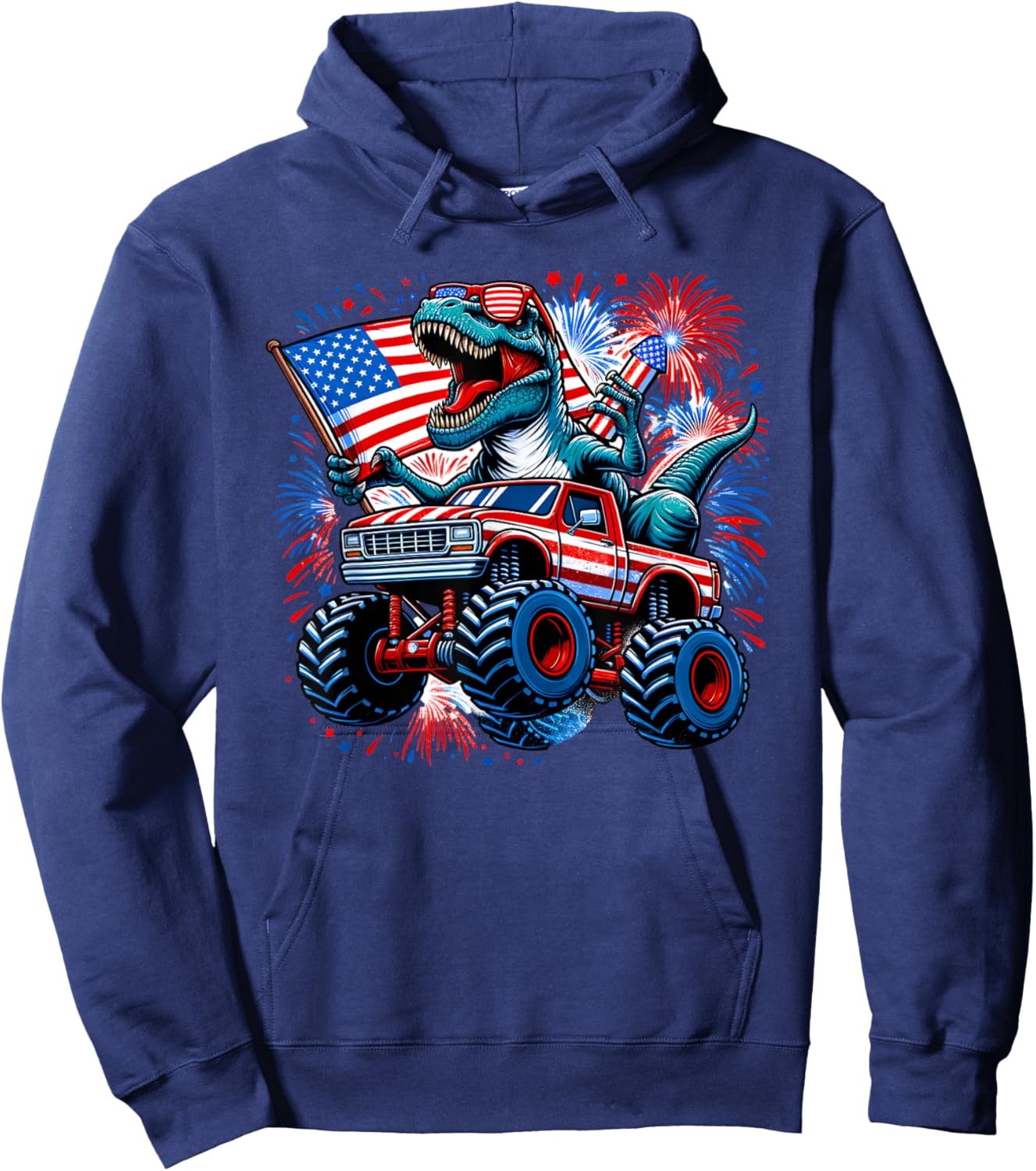 July 4th Patriotic T-Rex Dinosaur Monster Truck Fireworks Hoodie - Hoodie | Navy