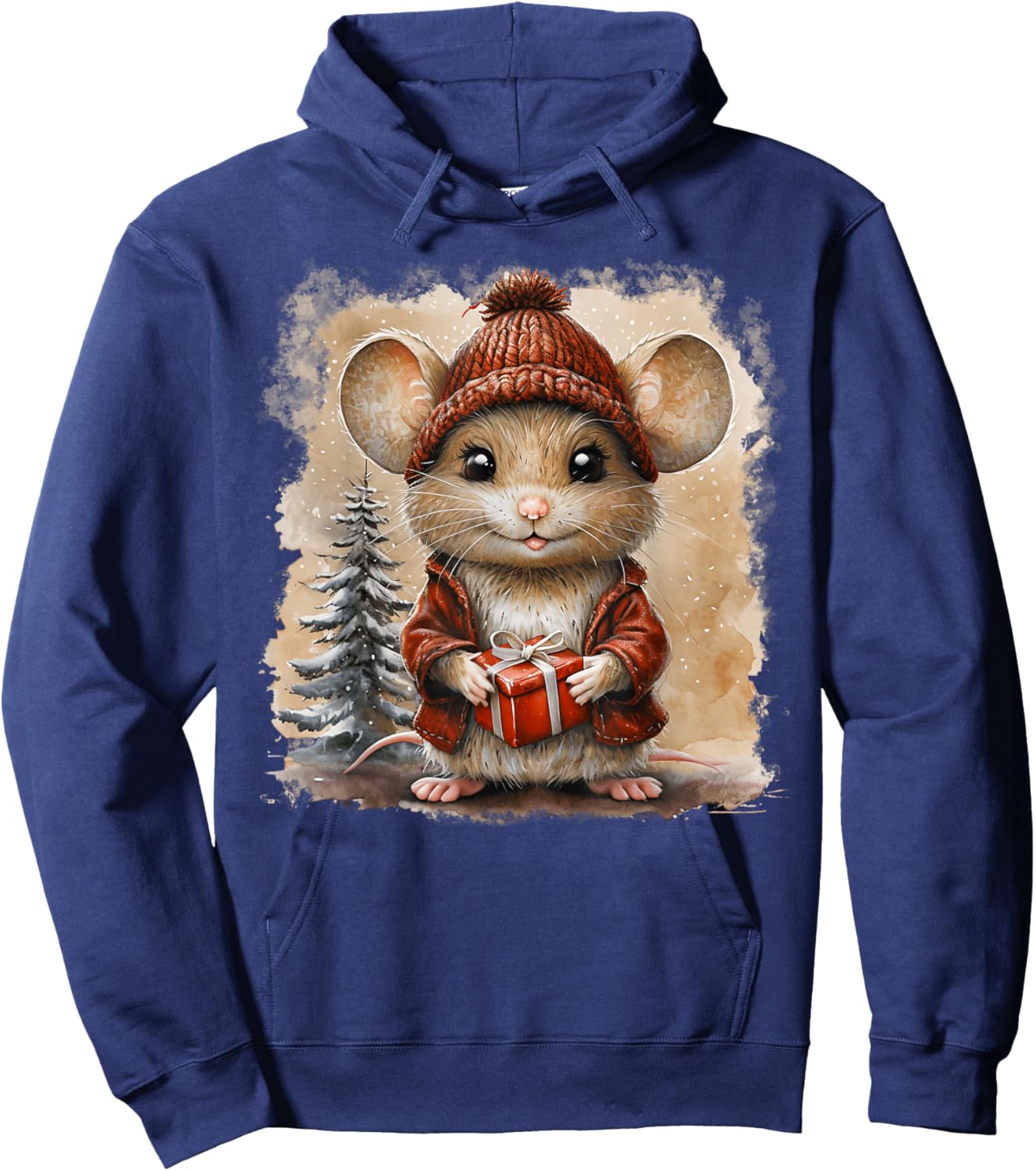 Cute Mouse Christmas Mouse Wearing Santa Hat Matching Pajama Hoodie - Hoodie | Navy