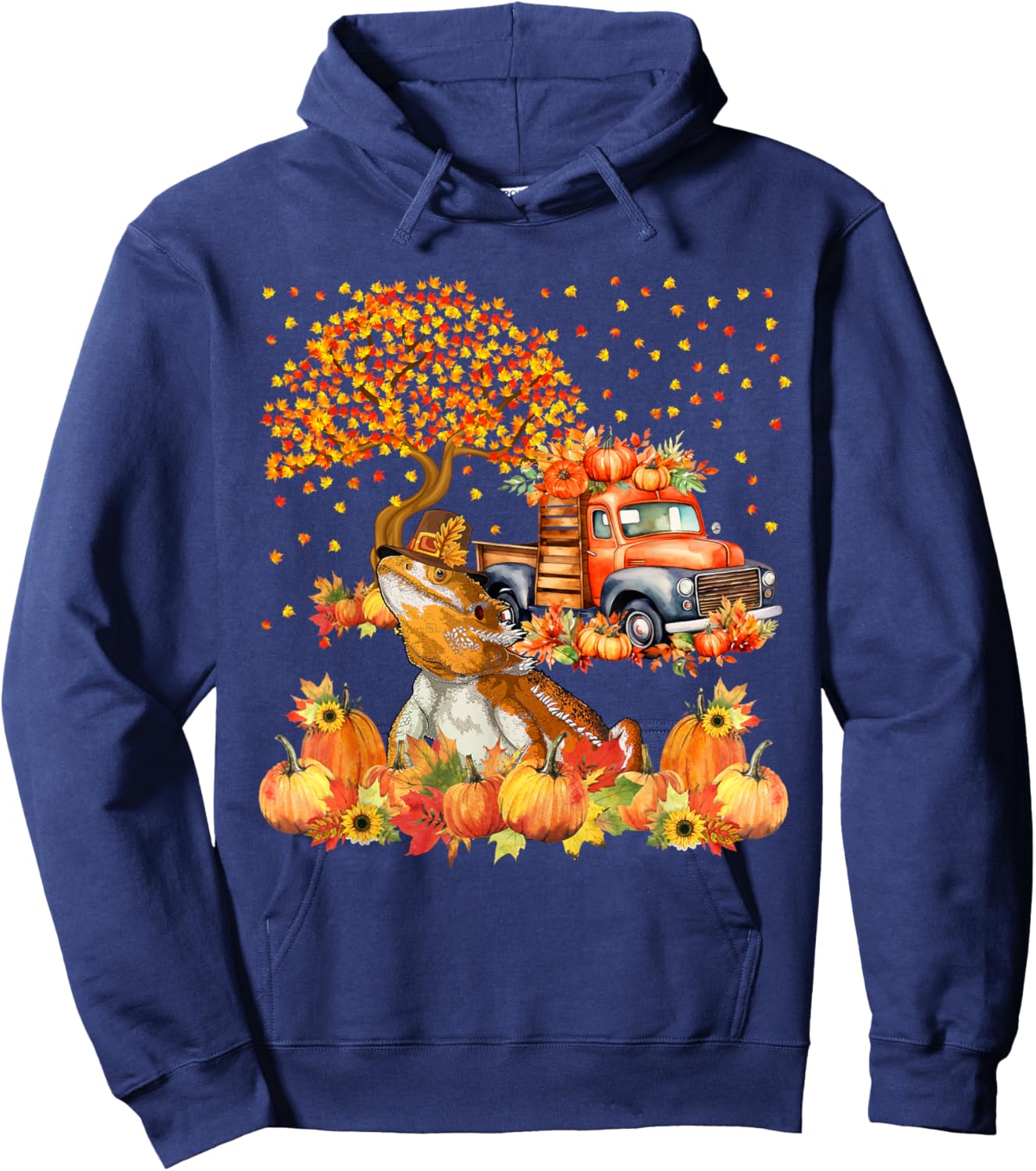 Thanksgiving Bearded Dragon with Fall Pumpkins Sunflowers Hoodie - Hoodie | Navy