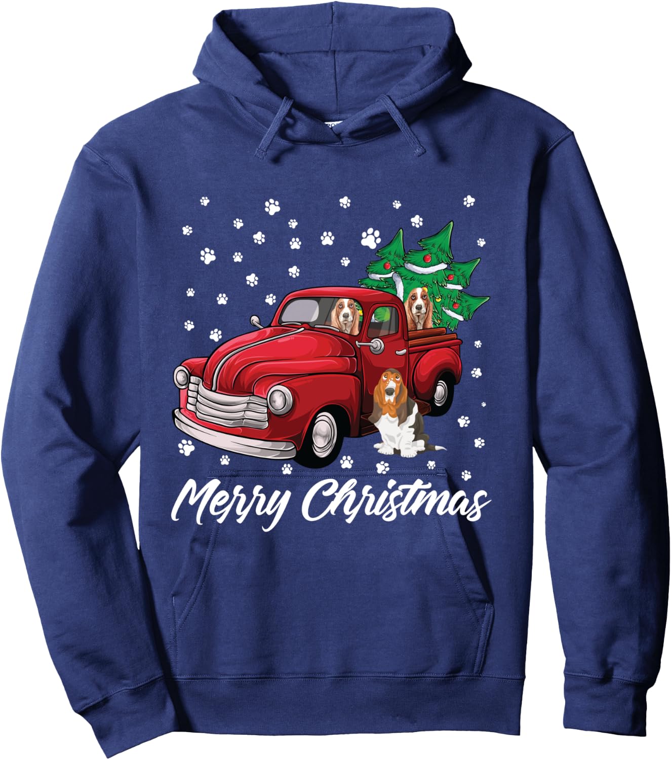 Red Truck Merry Christmas Tree Basset Hound Christmas Hoodie - Hoodie | Navy