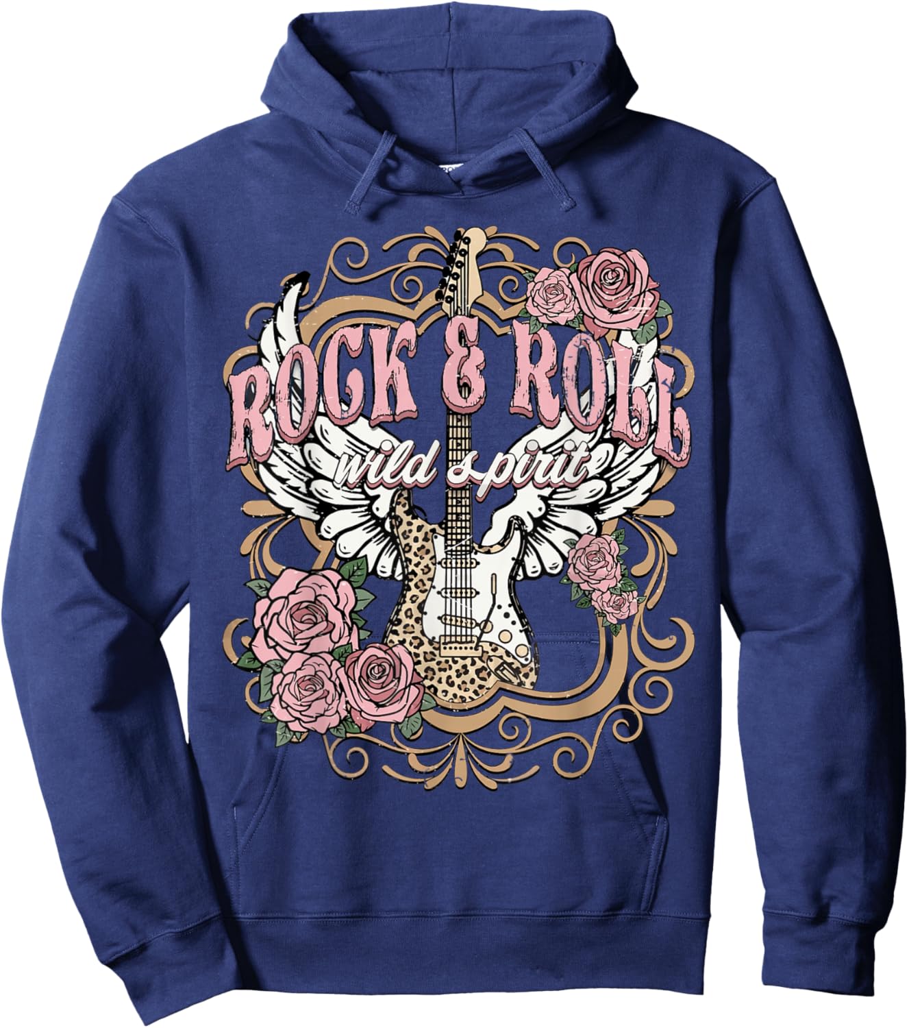 Vintage Rock n Roll Wild Spirit Lets Rock Guitar Floral Hoodie - Hoodie | Navy