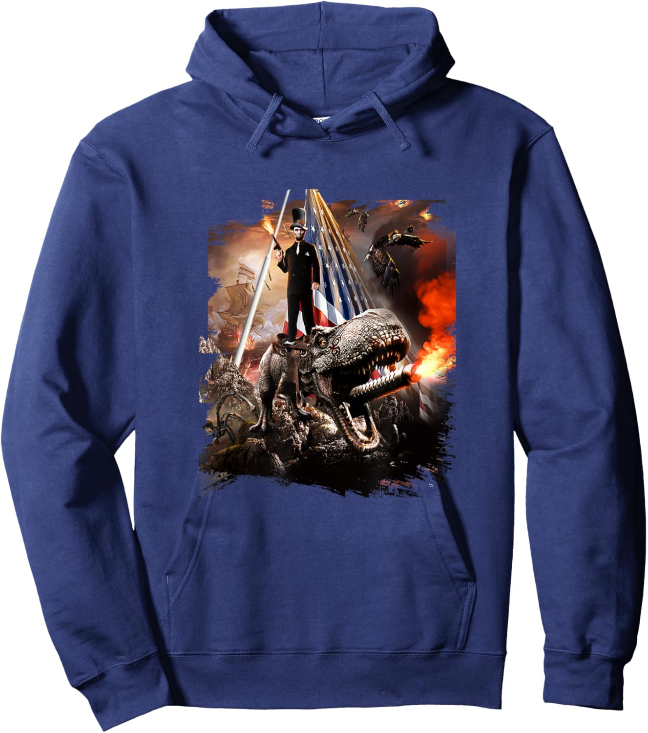 Abe Lincoln Riding Dinosaur American Patriotic Funny Hoodie - Hoodie | Navy