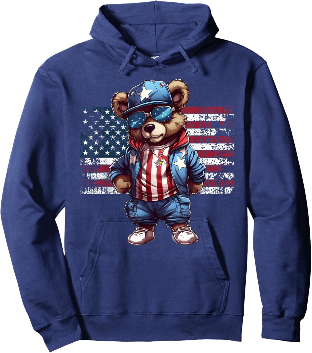4th of July Hip Hop Teddy Bear USA Streetwear American Flag Hoodie - Hoodie | Navy