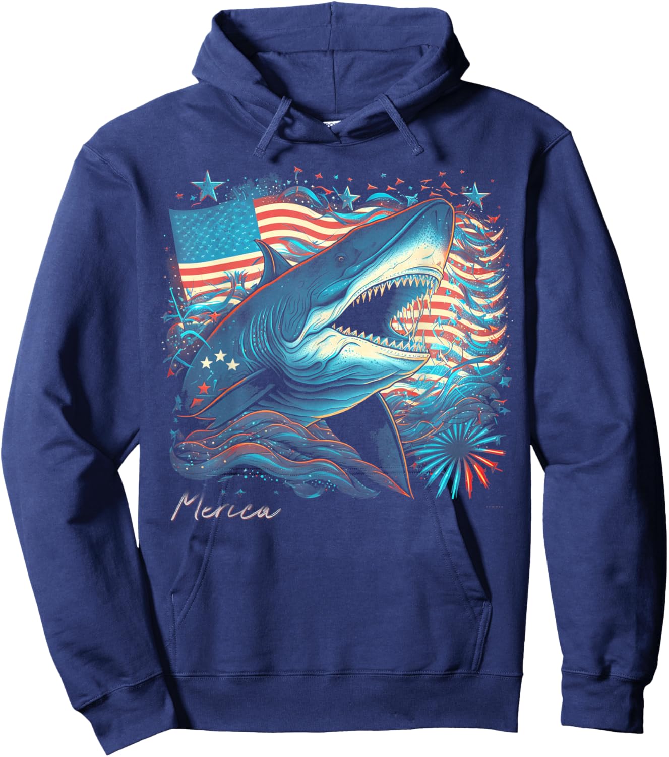 Shark Funny 4th of July American Flag Patriotic America USA Kids Men Hoodie - Hoodie | Navy