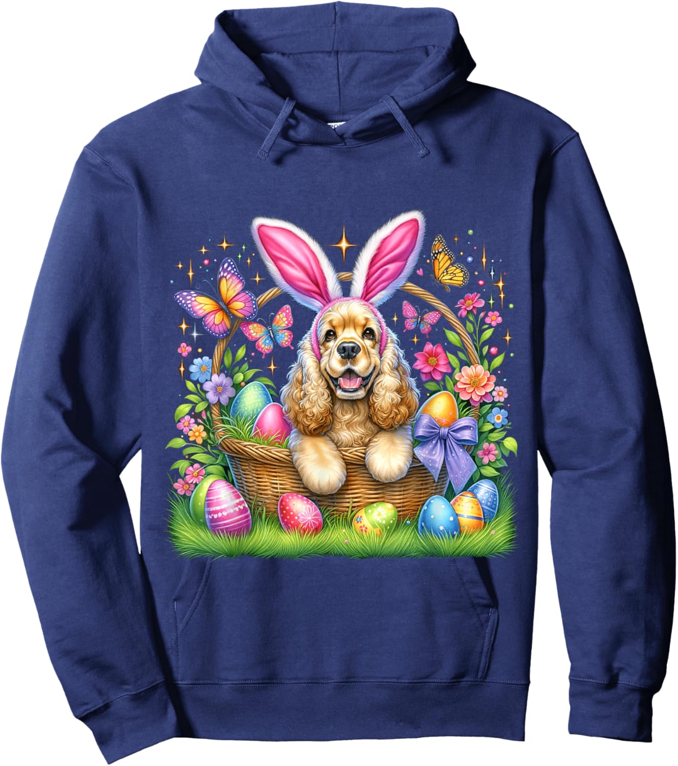 Cute Bunny Cocker Spaniel Dog Easter Eggs Basket Easter Day Men Women Girls Kids Hoodie - Hoodie | Navy