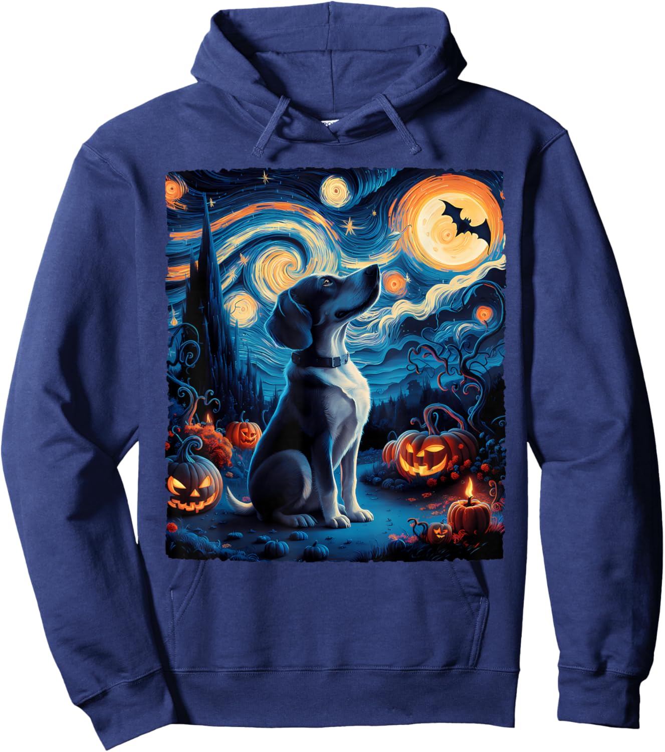 Van Gogh' Starry Night Dog Pumpkins Bats Funny Halloween Women Kids Hoodie - Hoodie | Navy