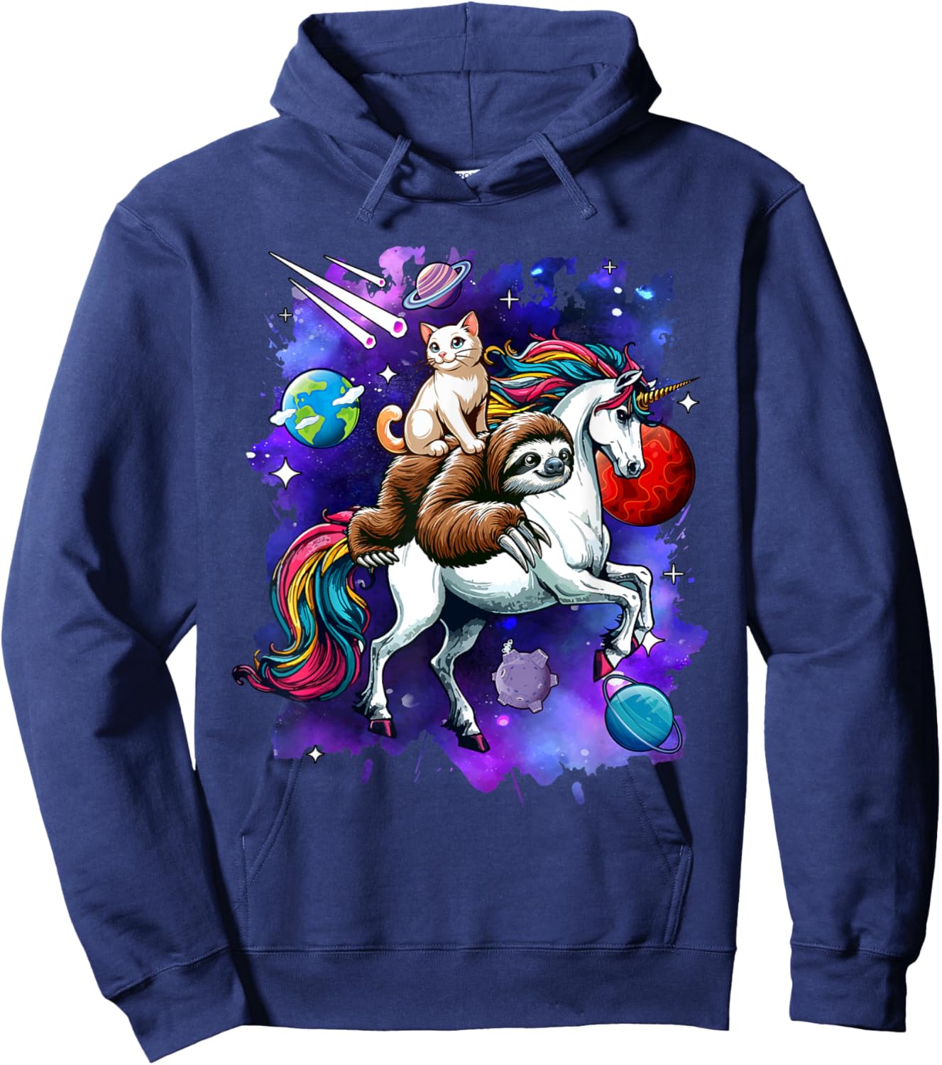 Cat And Sloth Riding Unicorn In Space Costume Galaxy Women Kids Hoodie - Hoodie | Navy