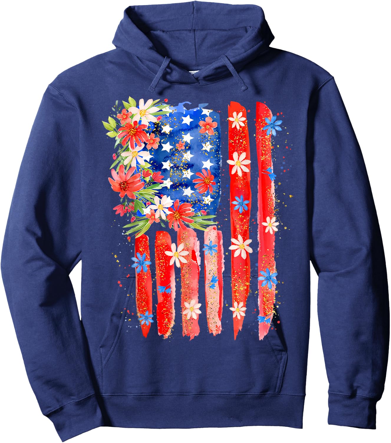 Flower Brushstroke US Flag 4th Of July Patriotic Graphic Hoodie - Hoodie | Navy