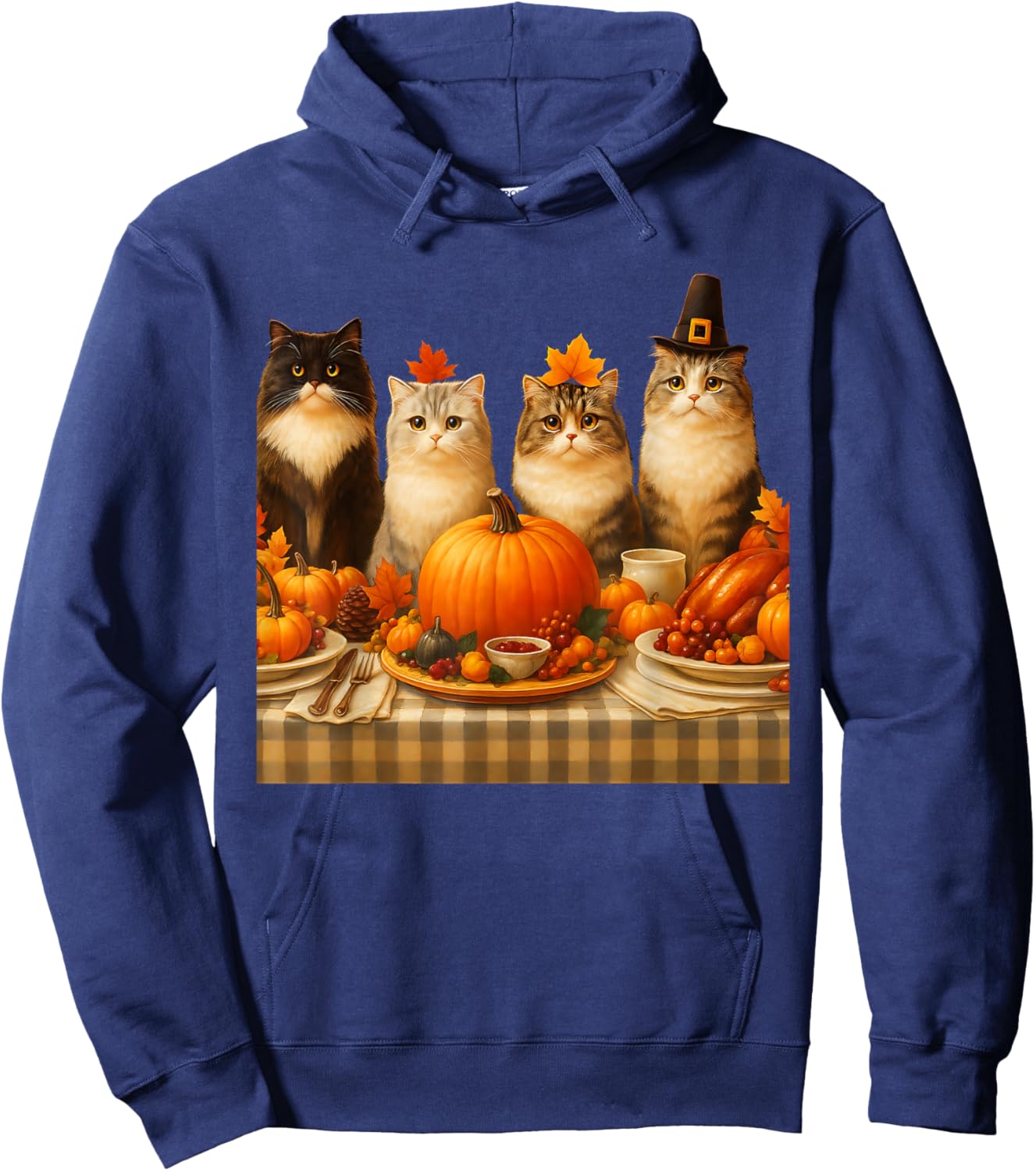 Thanksgiving Cats Dinner Feast Vintage Fall Men Women Kids Hoodie - Hoodie | Navy