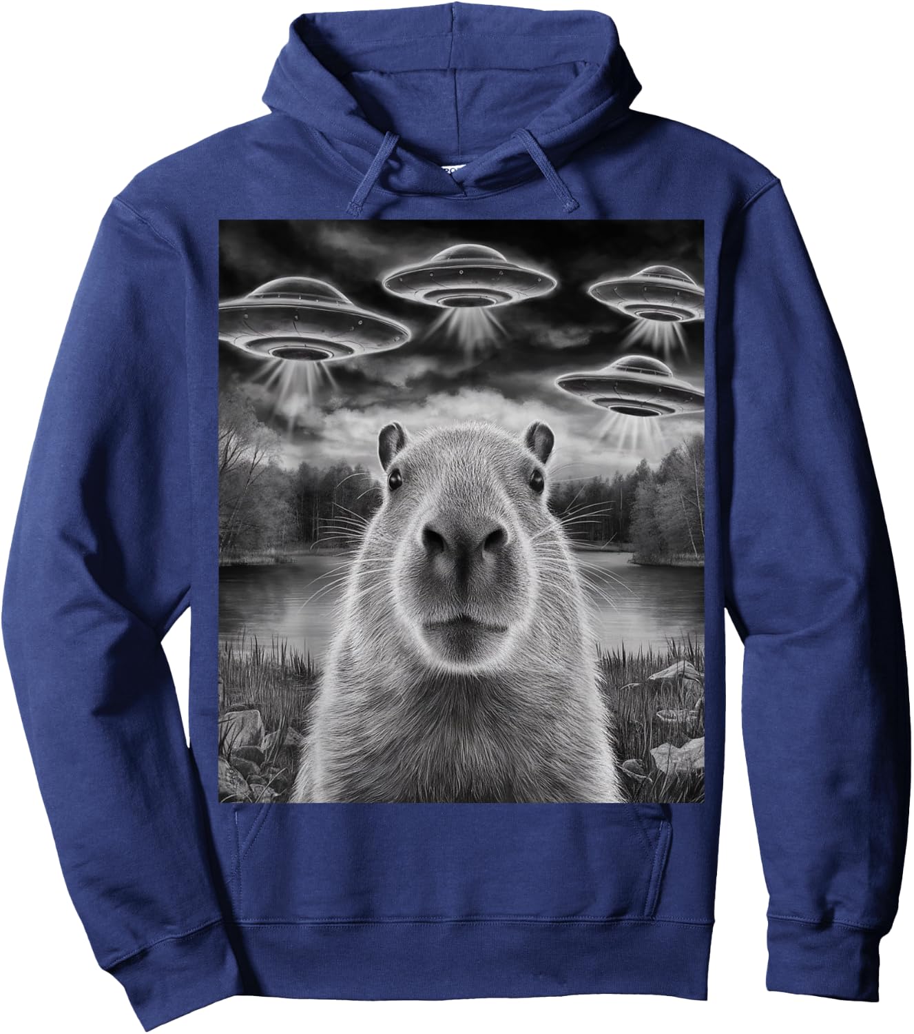 Funny Capybara Selfie with UFOs Weird Design Women Men Hoodie - Hoodie | Navy