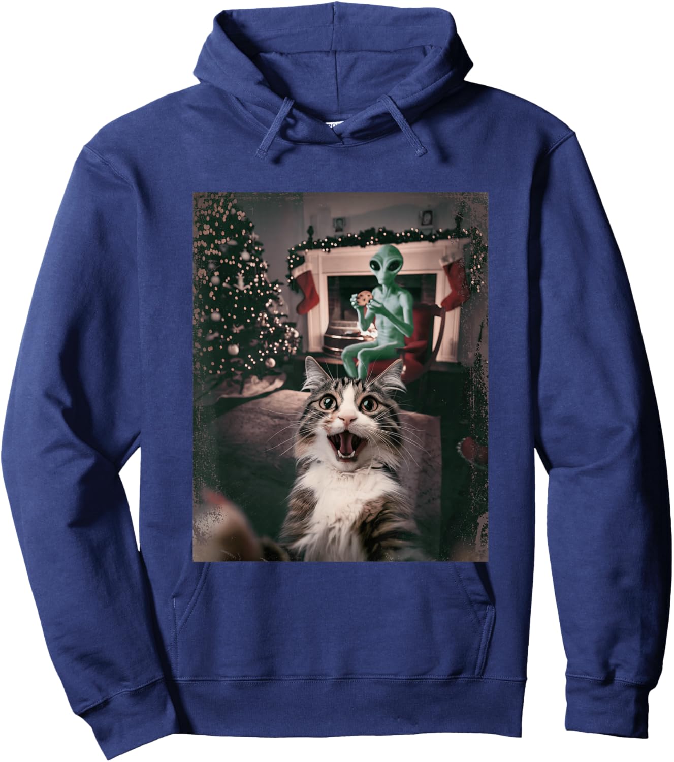Funny Xmas Cat Selfie Alien Ugly Sweater Christmas Outfit Hoodie - Hoodie | Navy