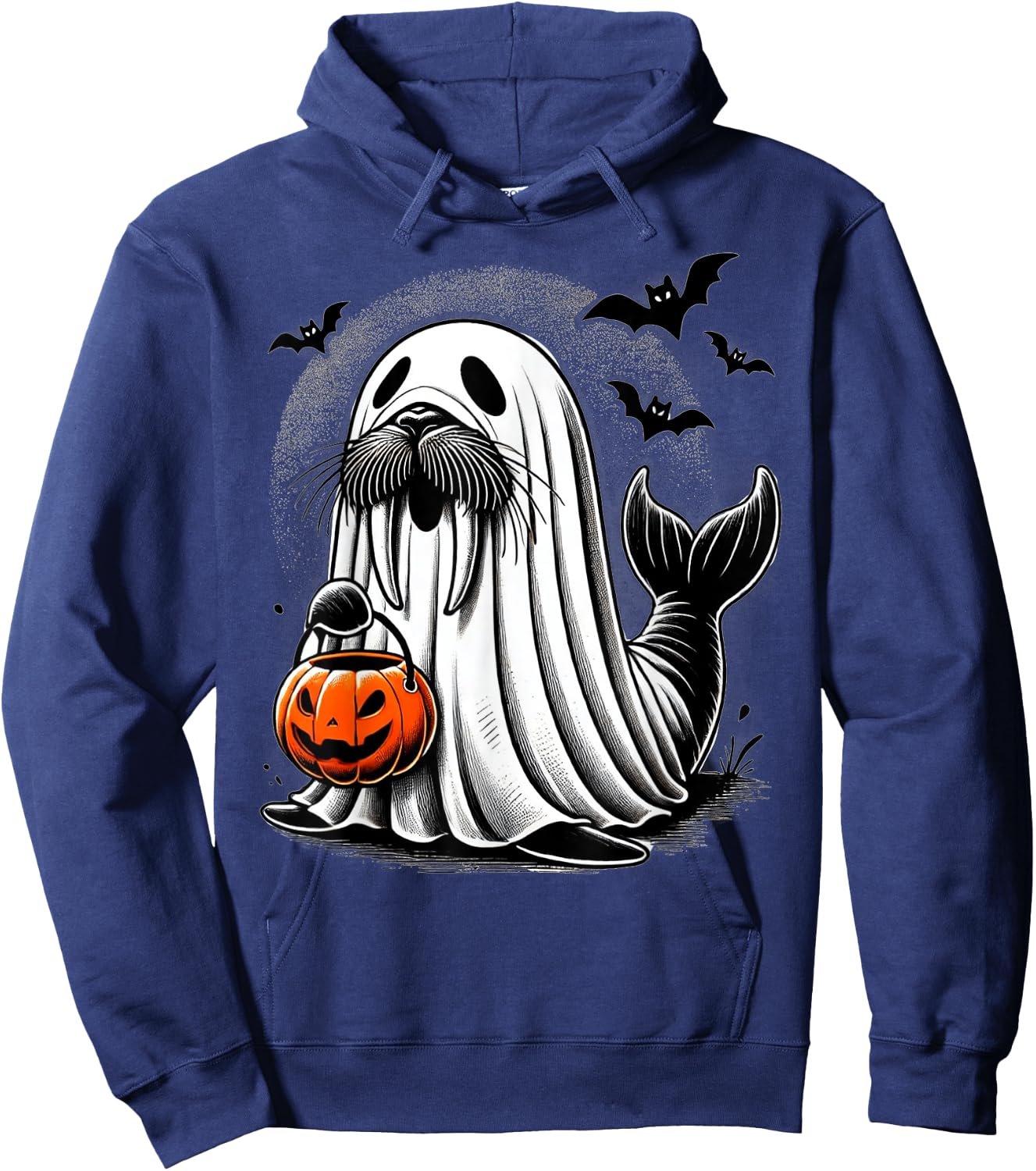 Funny Halloween Seal Ghost Costume Walrus Holding Pumpkin Hoodie - Hoodie | Navy