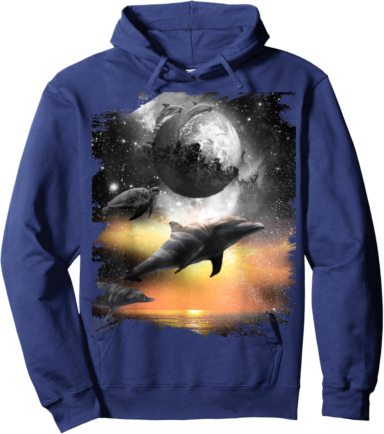 Black and White Space Dolphin, Celestial Dolphins Hoodie - Hoodie | Navy